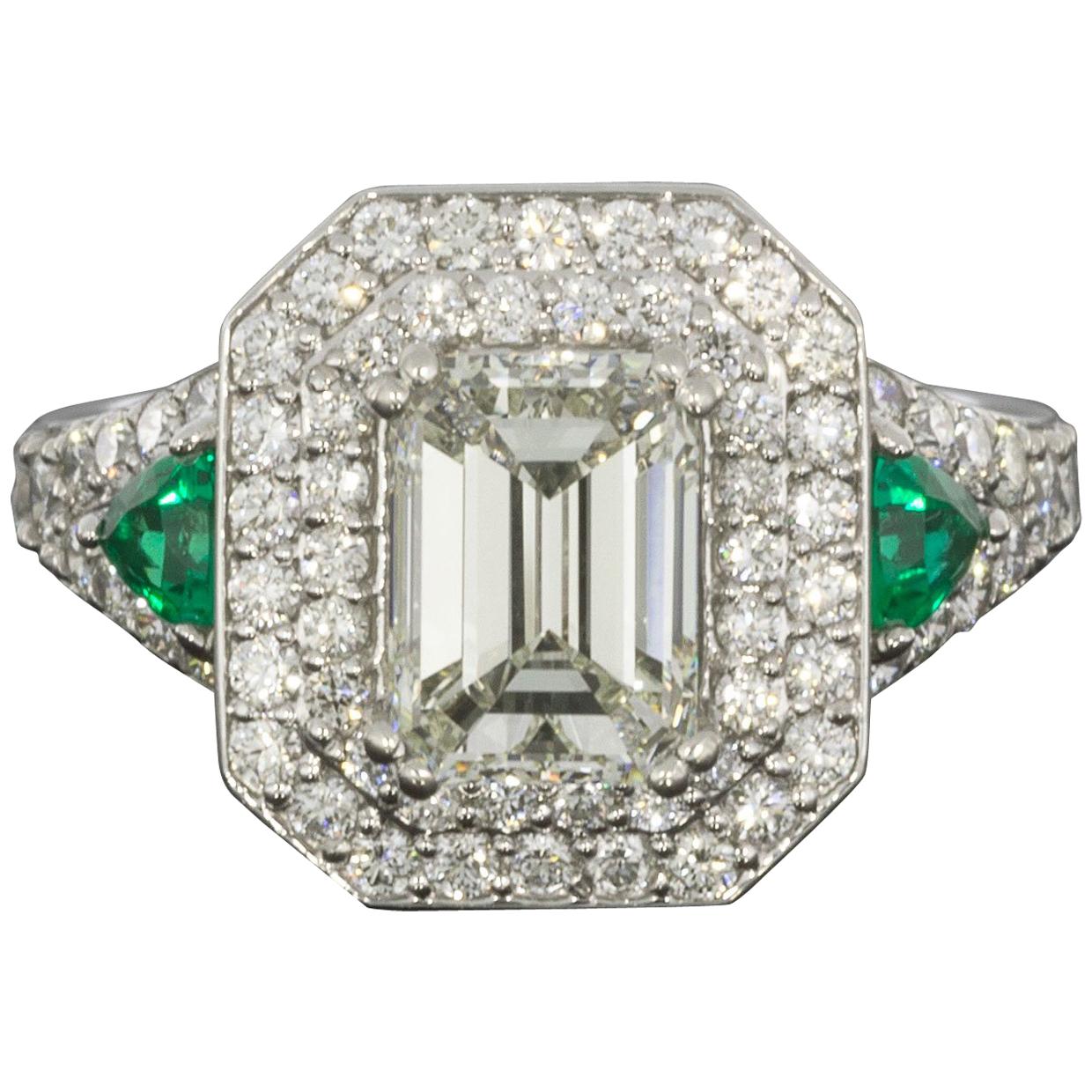 Platinum 3.04 Carat Emerald Diamond and Emerald Double Halo Engagement Ring For Sale