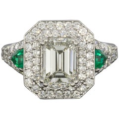 Platinum 3.04 Carat Emerald Diamond and Emerald Double Halo Engagement Ring