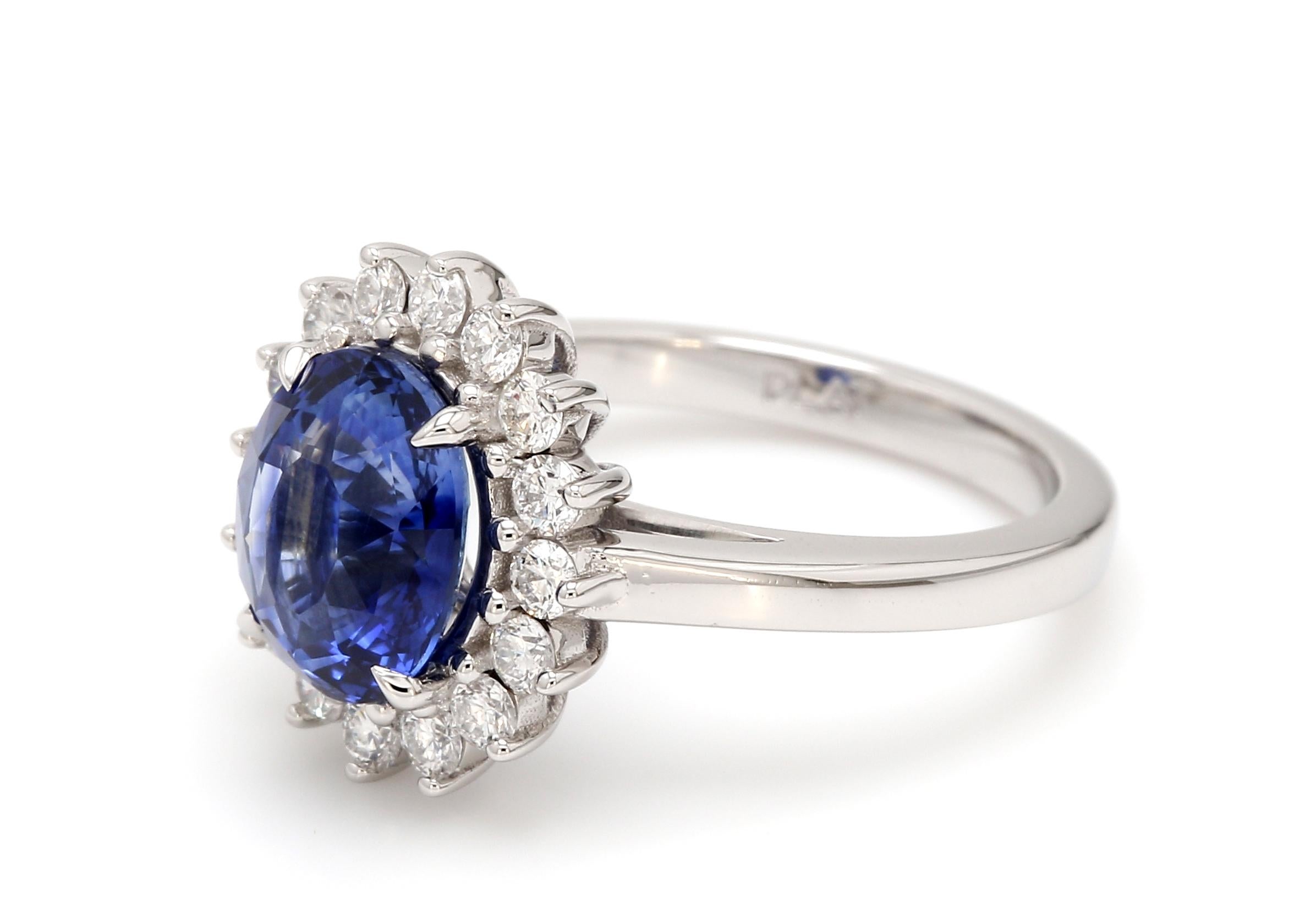 Stunning Lady Diana Inspired Blue Sapphire Diamond Engagement Ring, featuring:
✧ 3.07 total carat weight natural AGL certified Transparent Blue Sapphire
✧ Minor heating treatment and excellent color stability
✧ Sapphire and diamonds are mounted in a