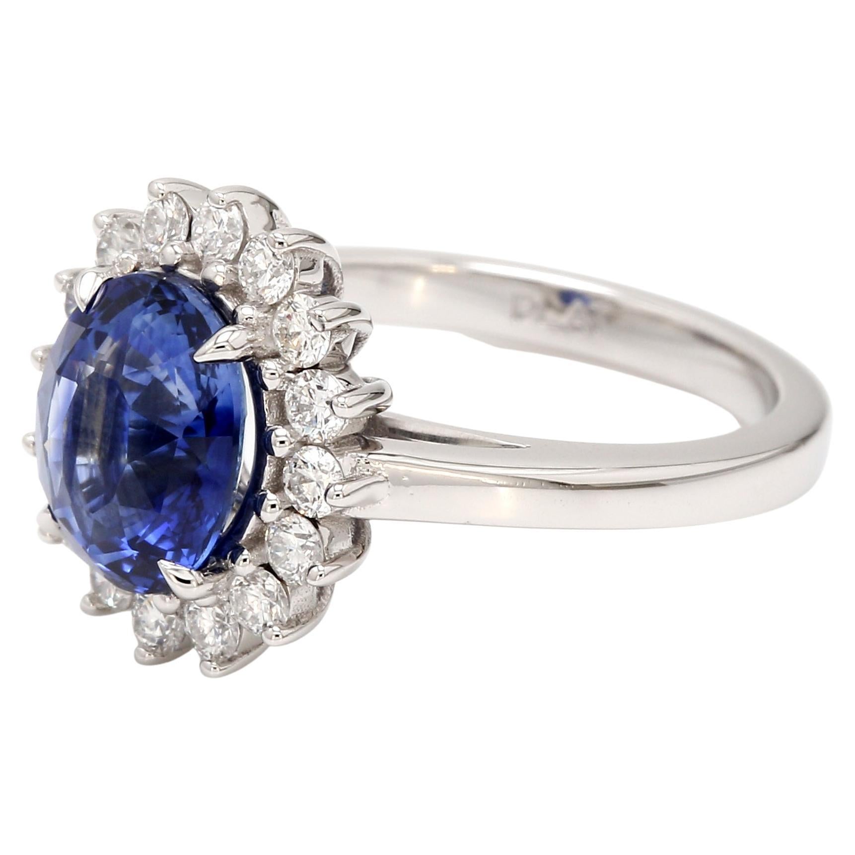 Platinum 3.07 AGL Sapphire Diamond Halo Princess Diana Ring