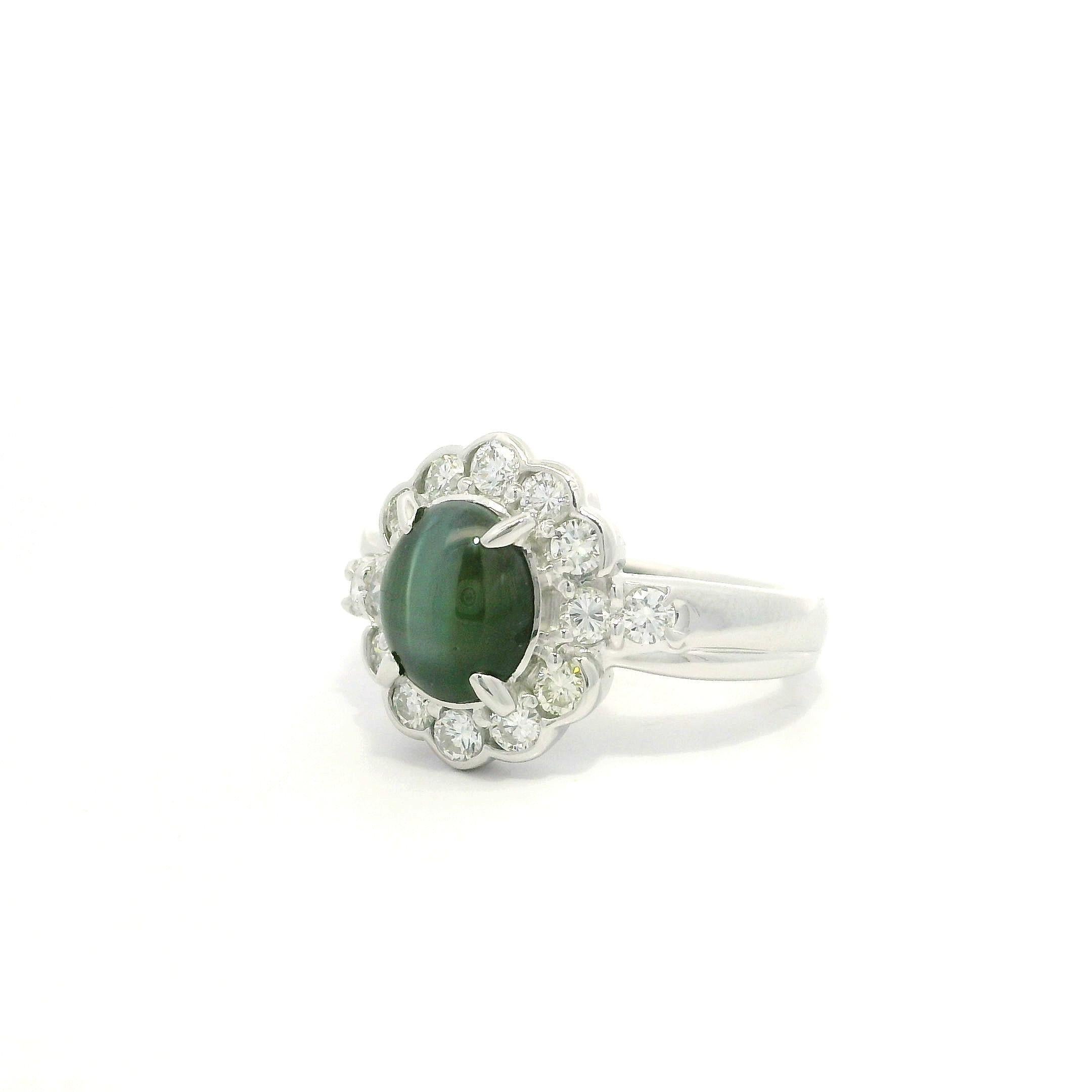 Platinum 3.07ctw Cabochon Sharp Greenish Cat's Eye w/ Diamond Halo Ring For Sale 11