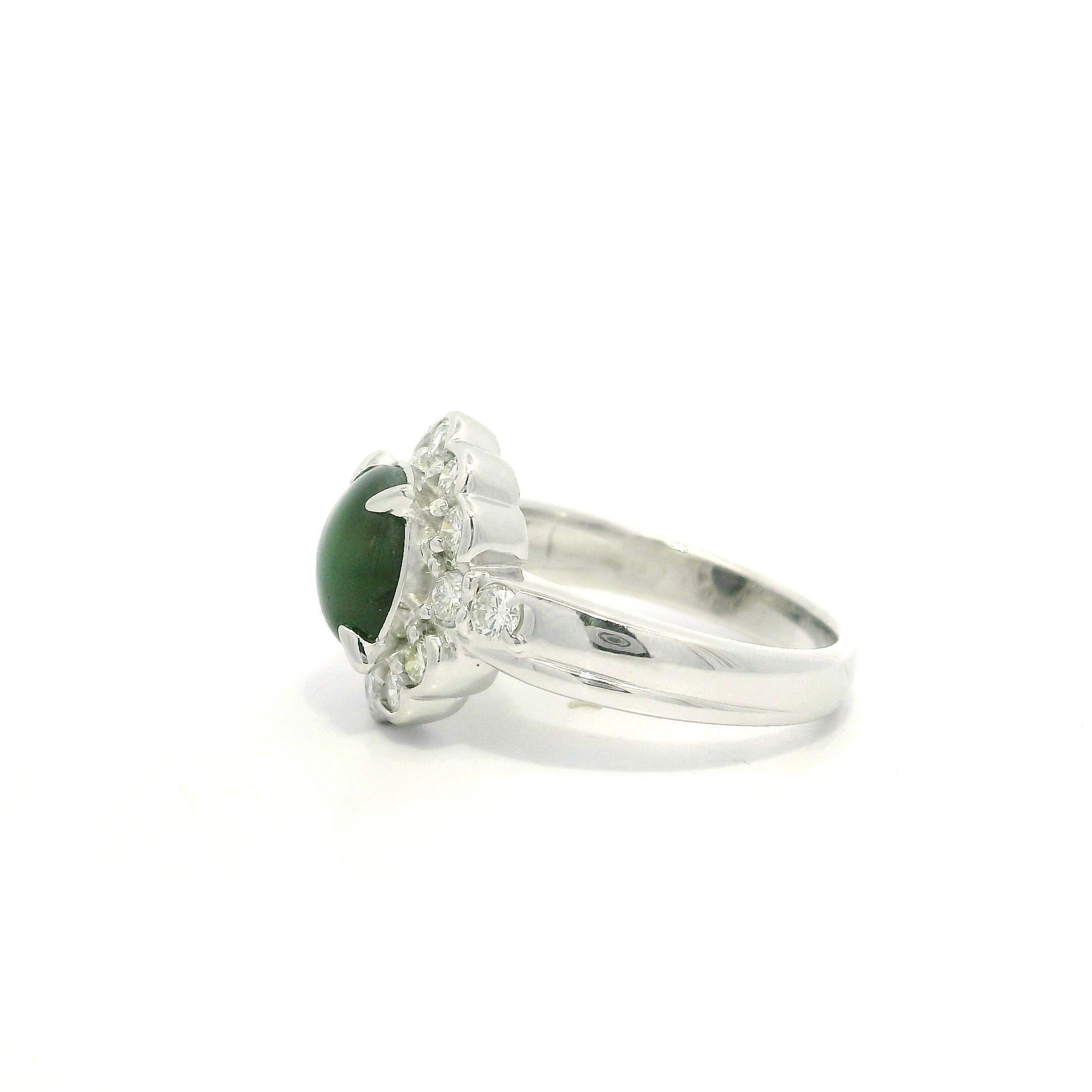 Platinum 3.07ctw Cabochon Sharp Greenish Cat's Eye w/ Diamond Halo Ring For Sale 12