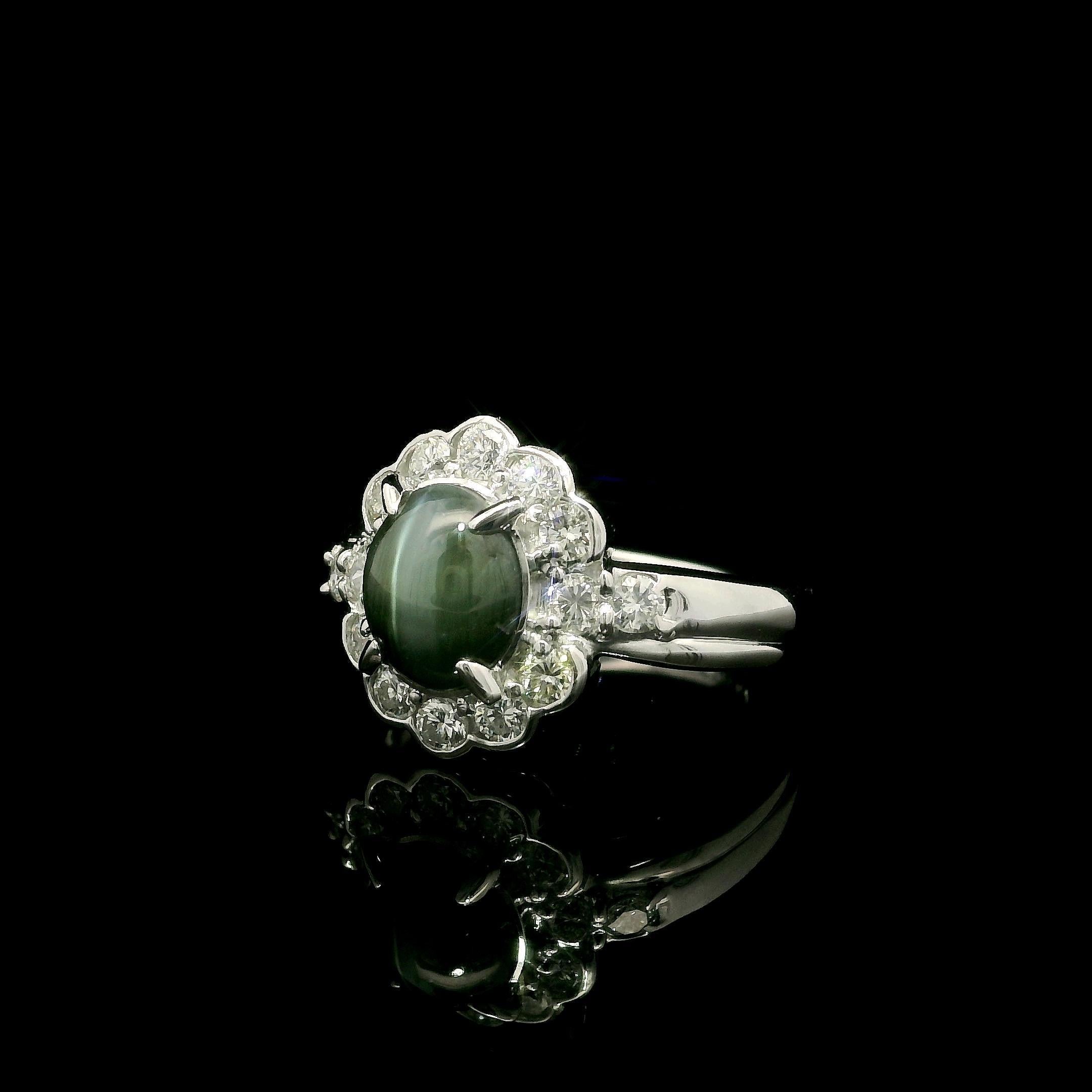--Stone(s):--
(1) Natural Genuine Cat's Eye - Oval Cabochon Cut - Prong Set - Sharp - Green Color - 7.7x6.4mm (approx.) - 2.50ct (exact - stamped)
(14) Natural Genuine Diamonds - Round Brilliant Cut - Pave & Bezel Set - Nice Brilliant White Color -