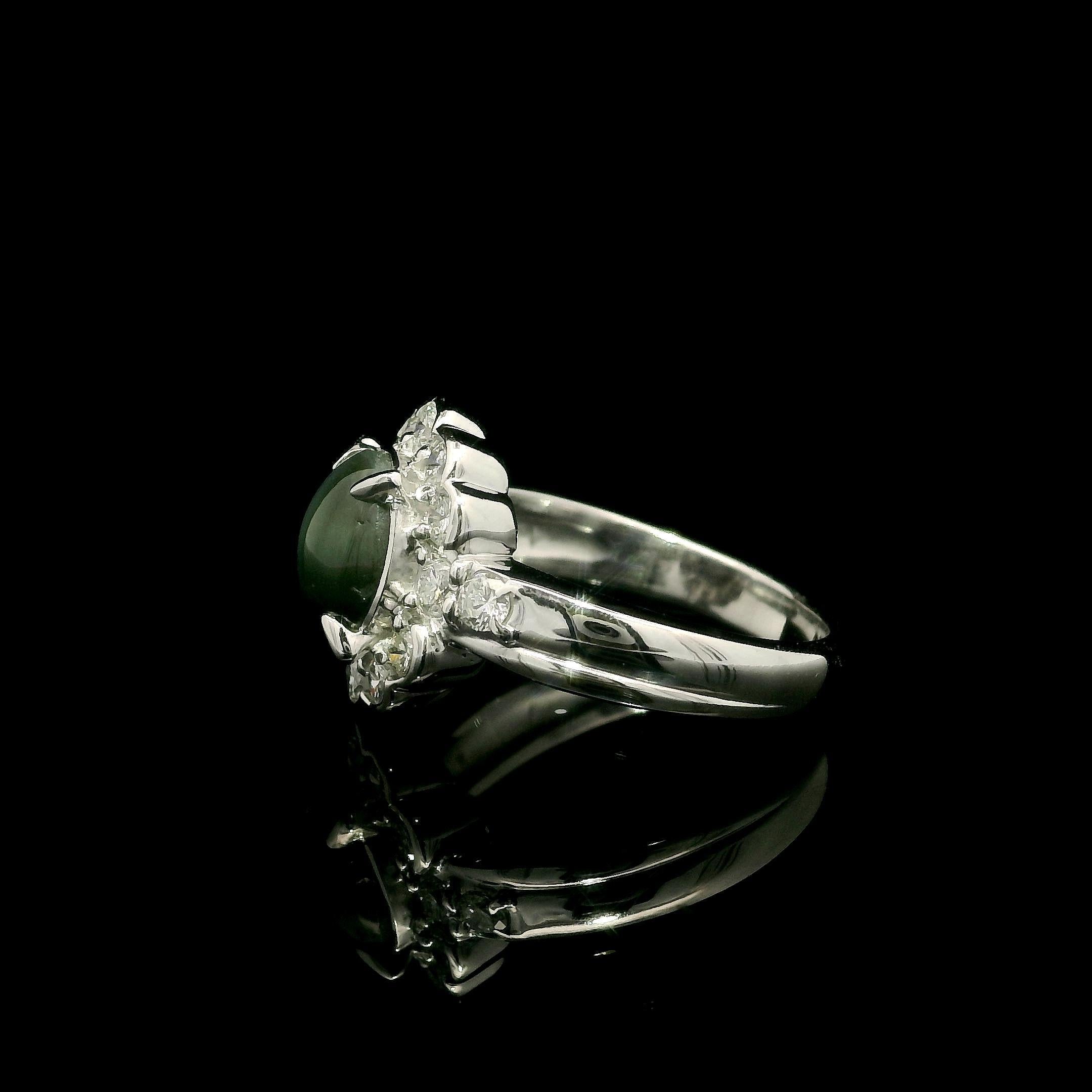 Platinum 3.07ctw Cabochon Sharp Greenish Cat's Eye w/ Diamond Halo Ring In Excellent Condition For Sale In Montclair, NJ