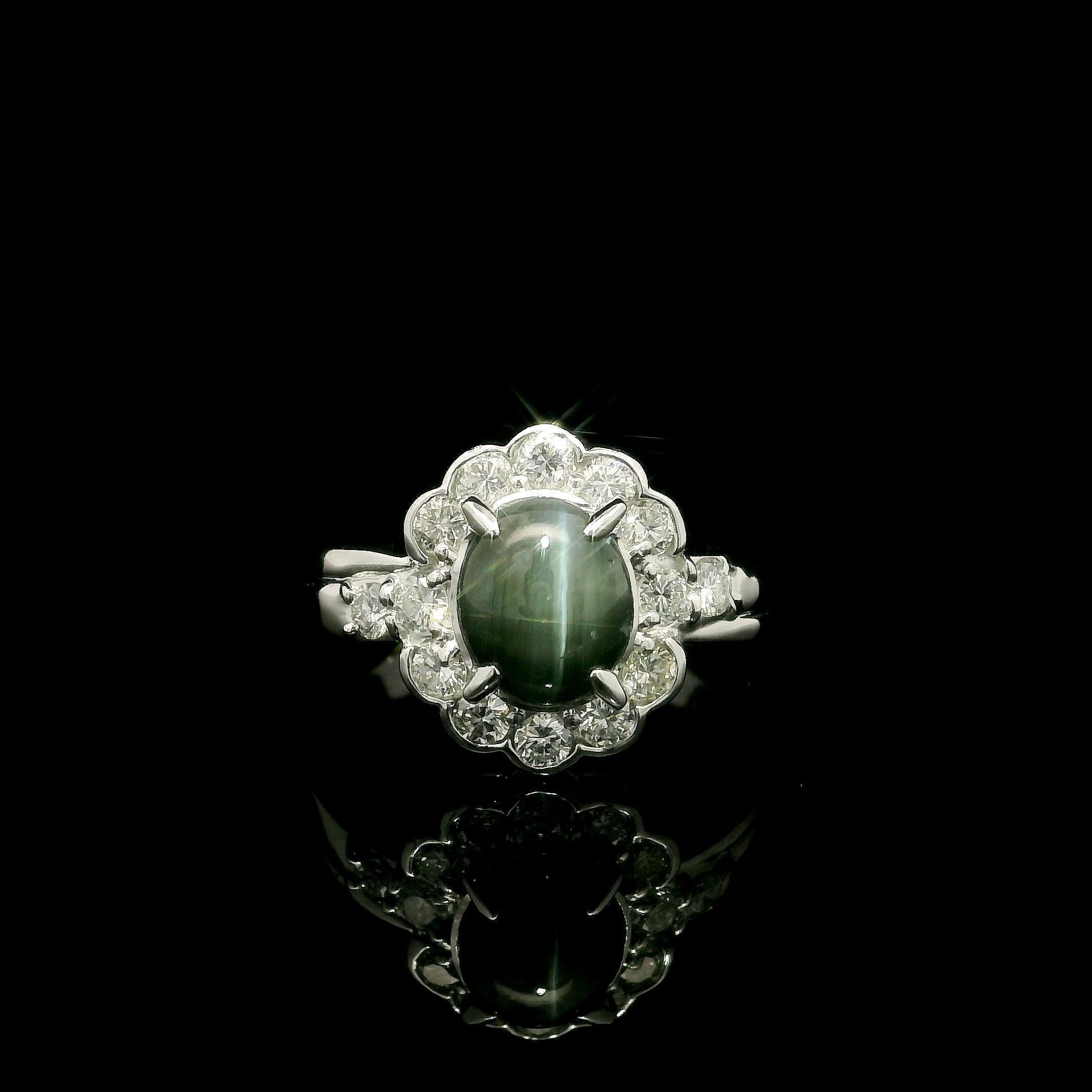 Platinum 3.07ctw Cabochon Sharp Greenish Cat's Eye w/ Diamond Halo Ring For Sale 3