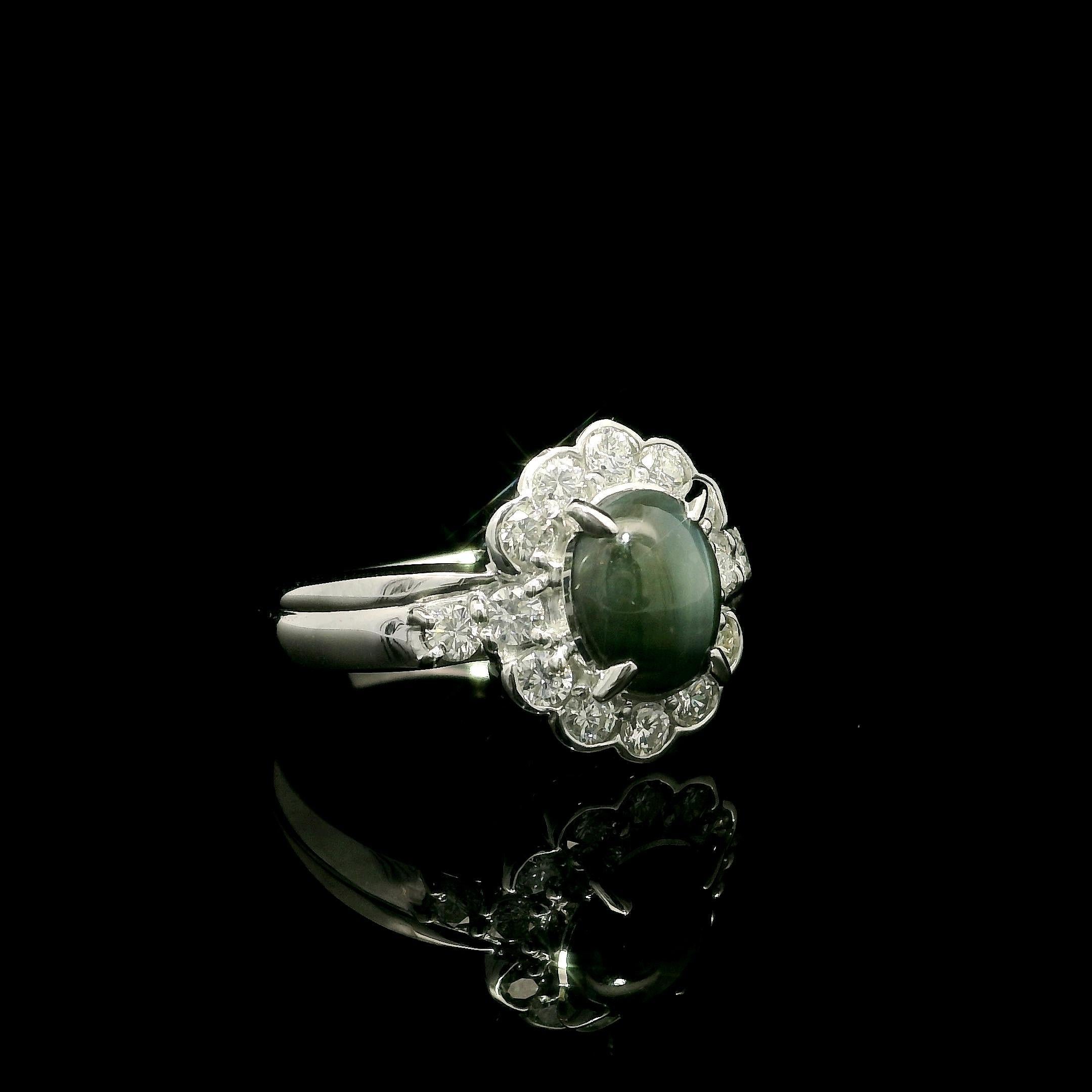 Platinum 3.07ctw Cabochon Sharp Greenish Cat's Eye w/ Diamond Halo Ring For Sale 4