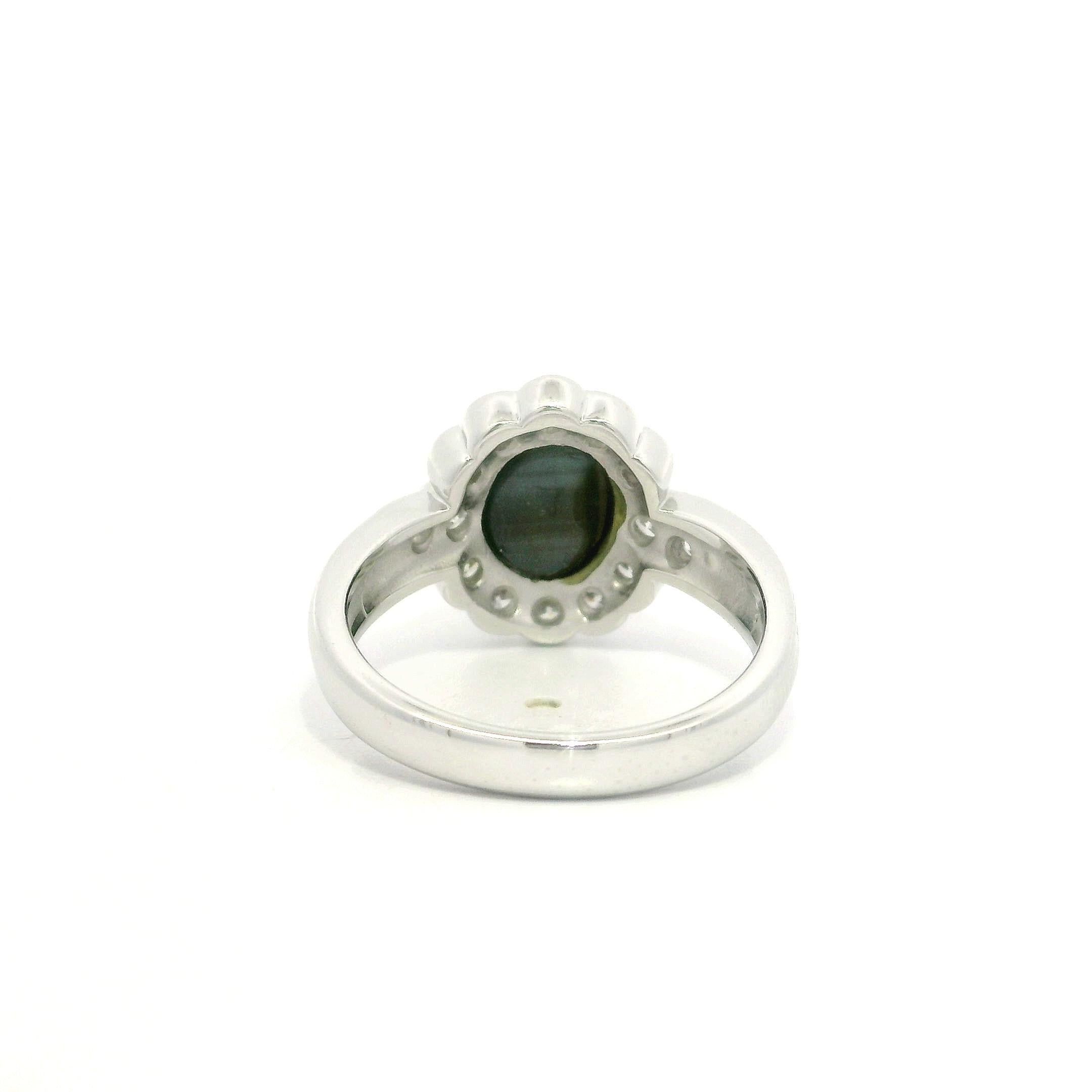 Platinum 3.07ctw Cabochon Sharp Greenish Cat's Eye w/ Diamond Halo Ring For Sale 5