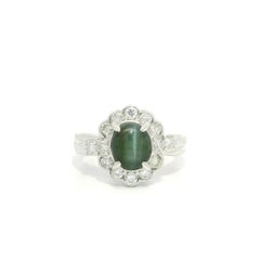 Platinum 3.07ctw Cabochon Sharp Greenish Cat's Eye w/ Diamond Halo Ring