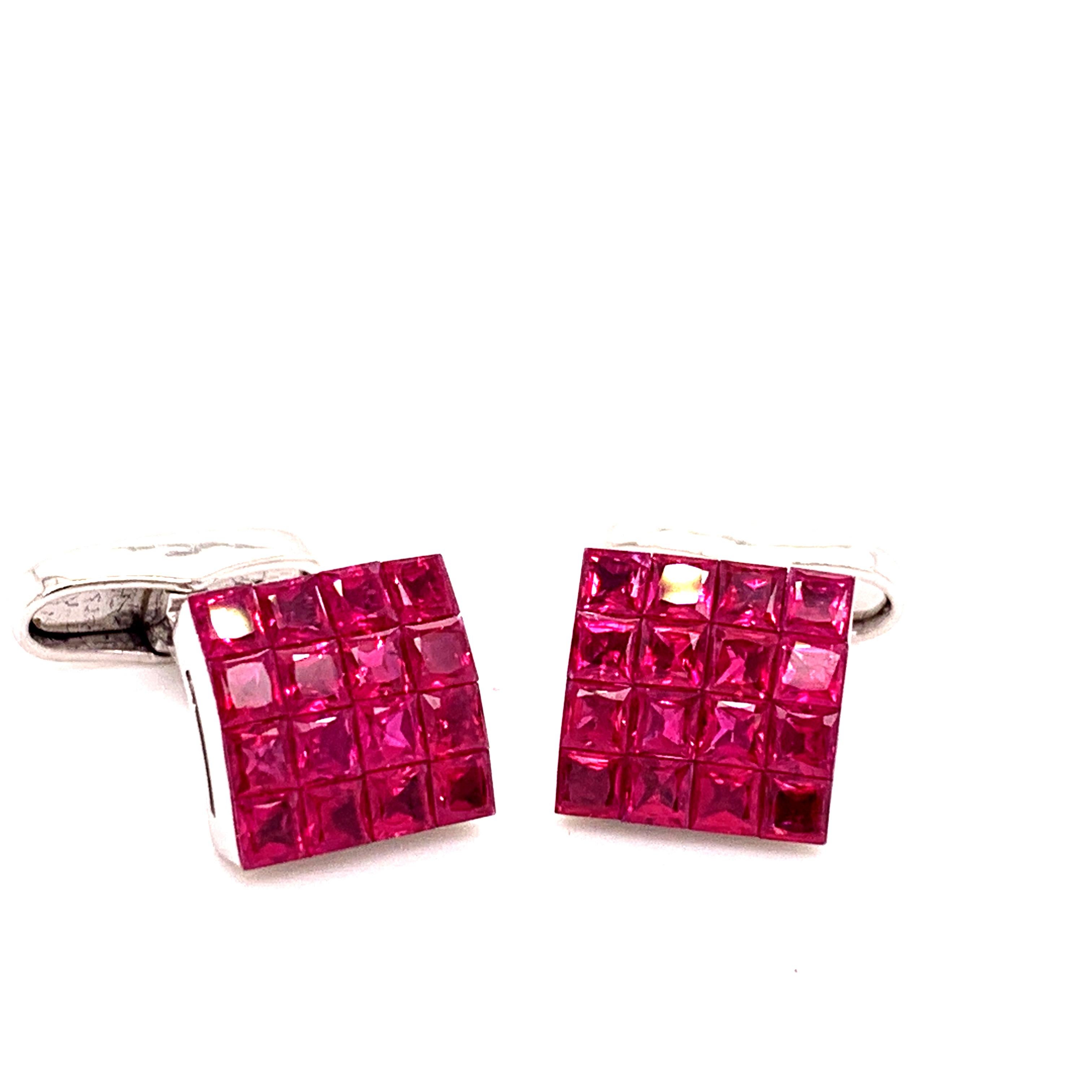 French Cut Platinum 3.10 Carat Invisibly Set Ruby Cufflinks