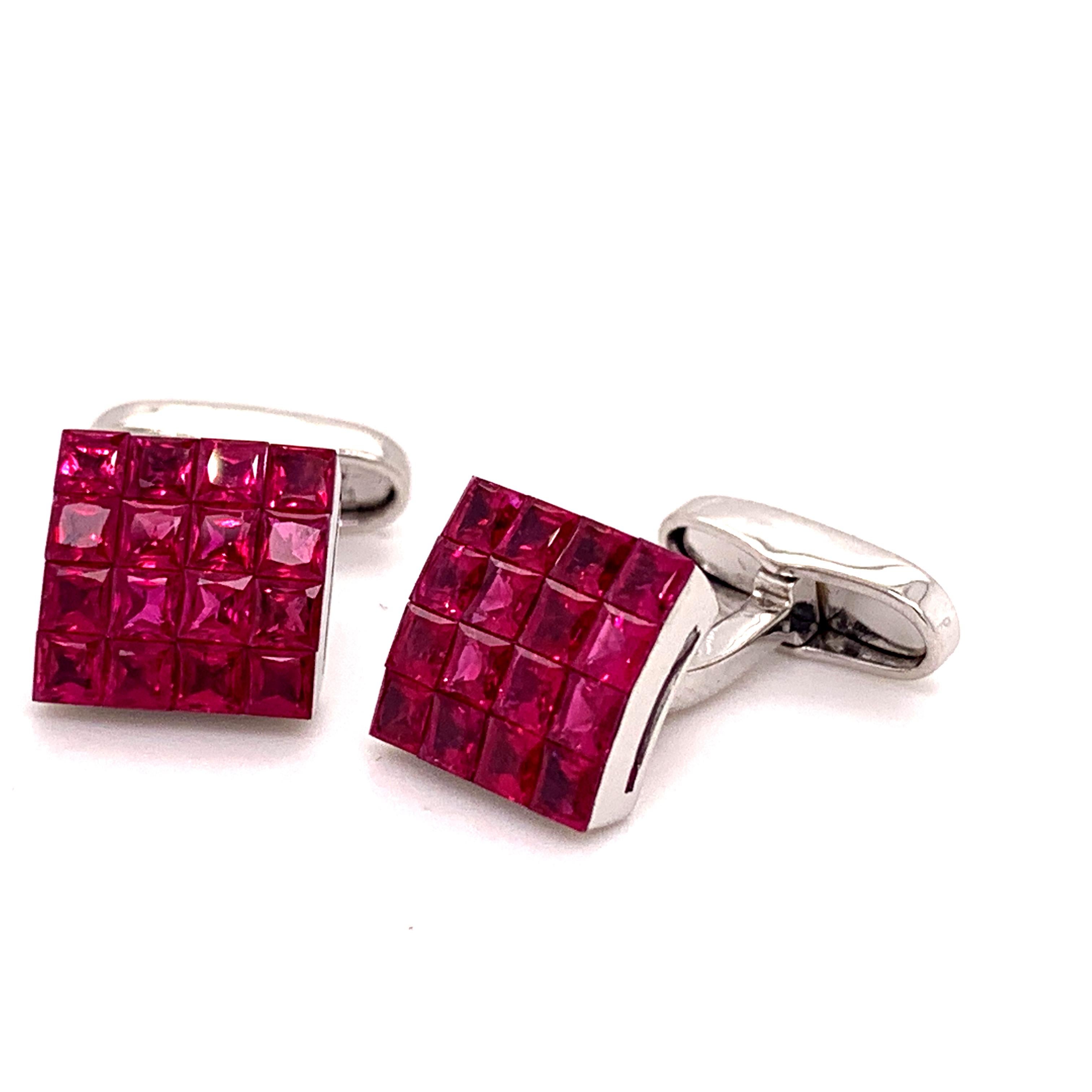 Platinum 3.10 Carat Invisibly Set Ruby Cufflinks In New Condition In New York, NY