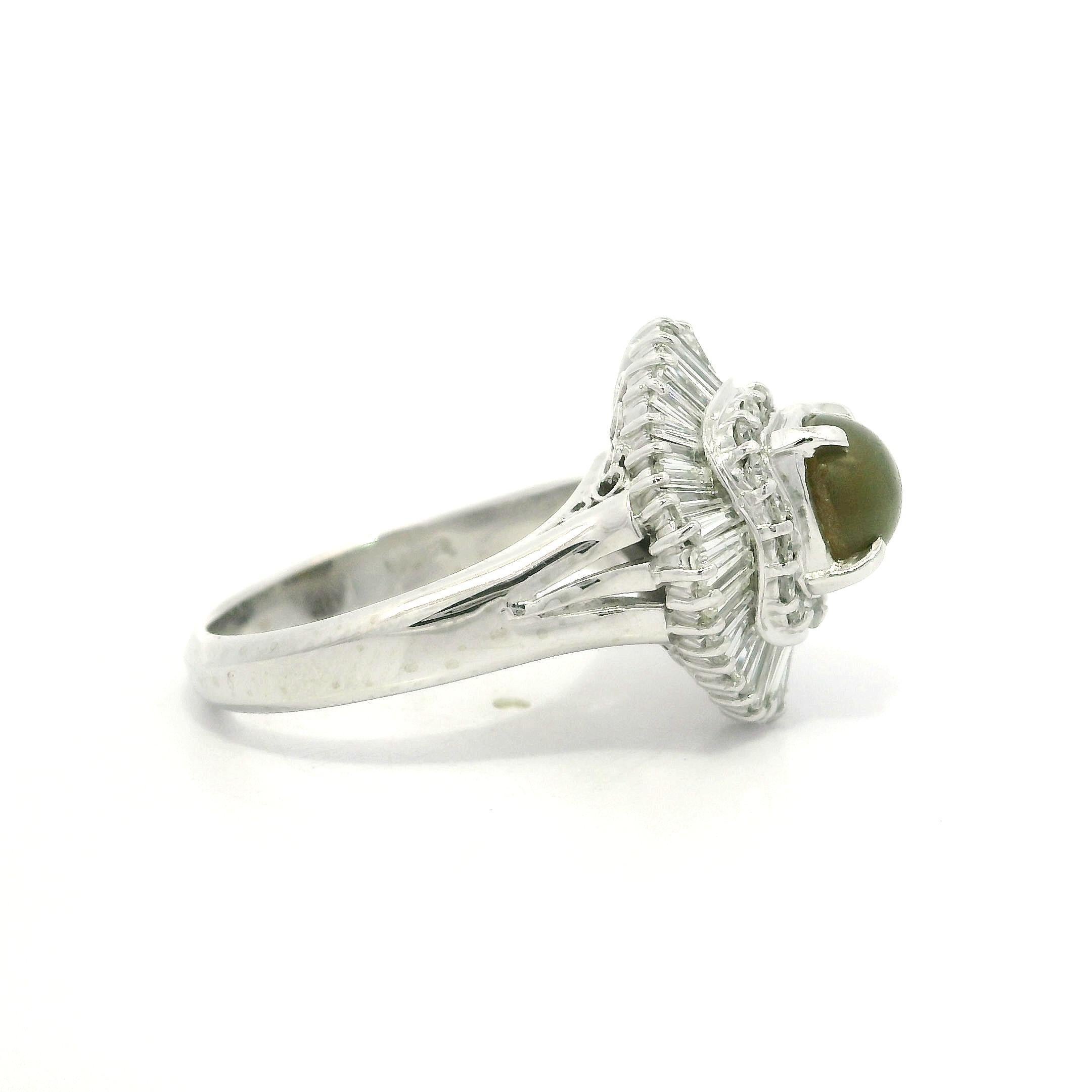 Platinum 3.13ctw Oval Cat's Eye w/ Diamond Double Halo Ballerina Cocktail Ring For Sale 5