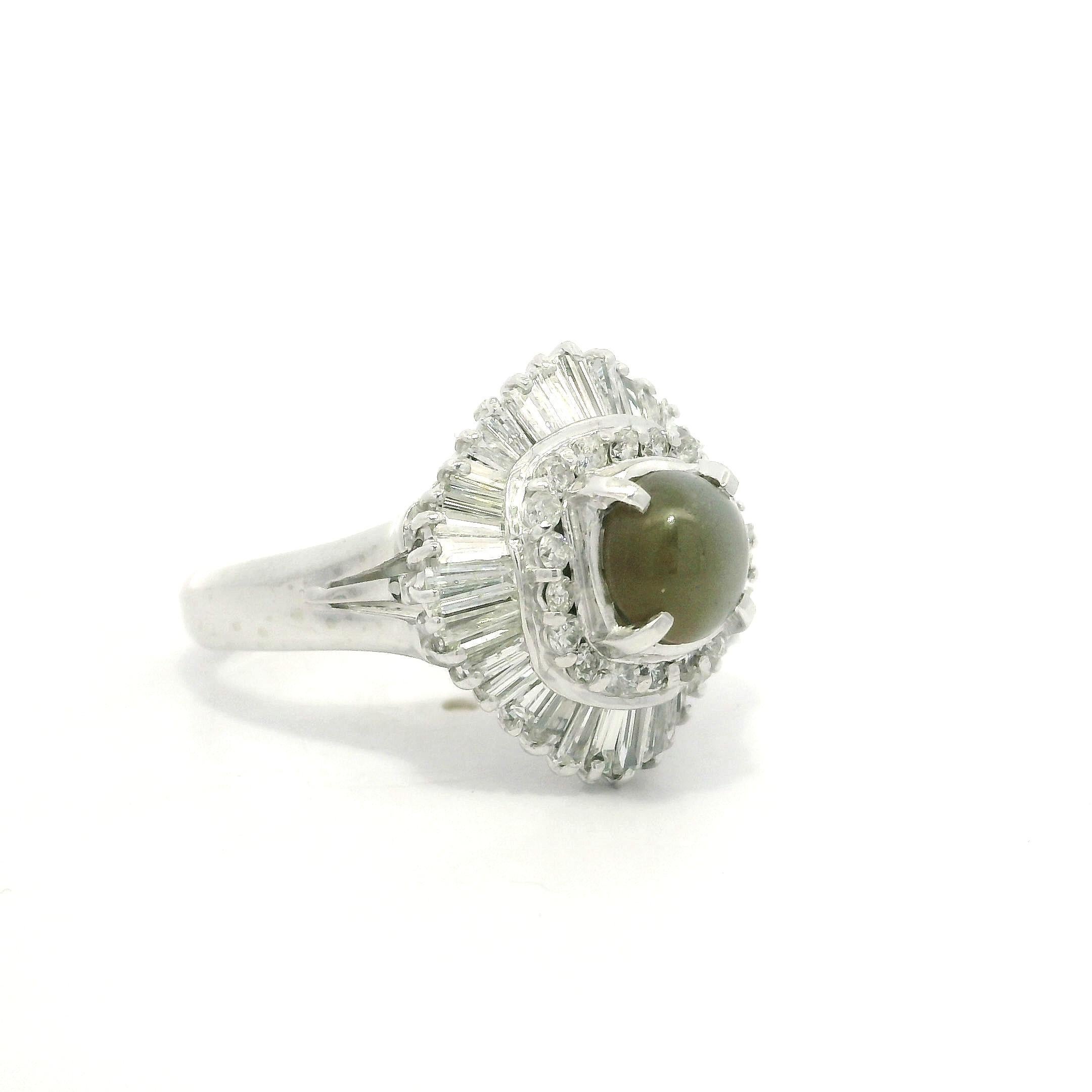 Platinum 3.13ctw Oval Cat's Eye w/ Diamond Double Halo Ballerina Cocktail Ring For Sale 6