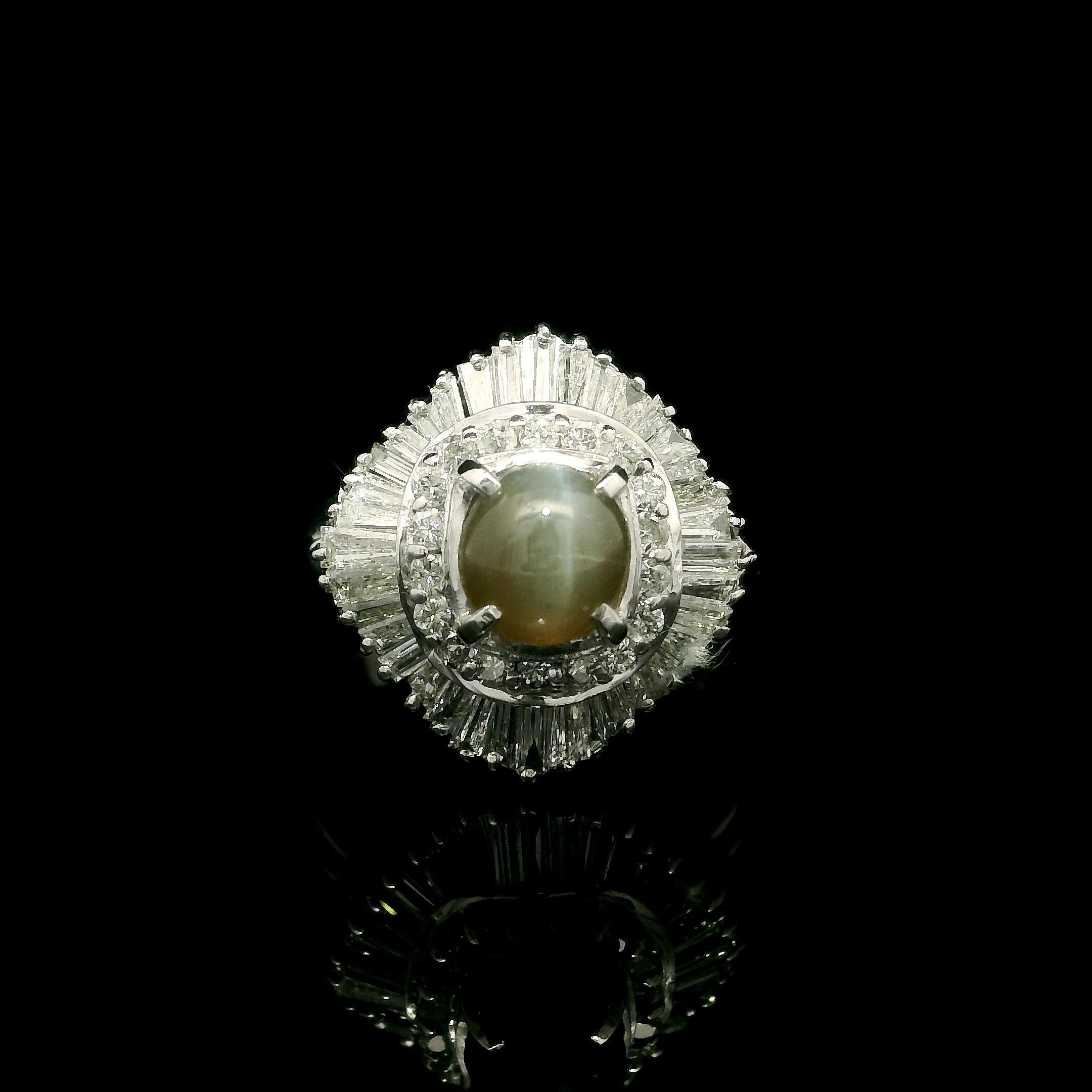 Platinum 3.13ctw Oval Cat's Eye w/ Diamond Double Halo Ballerina Cocktail Ring For Sale 7