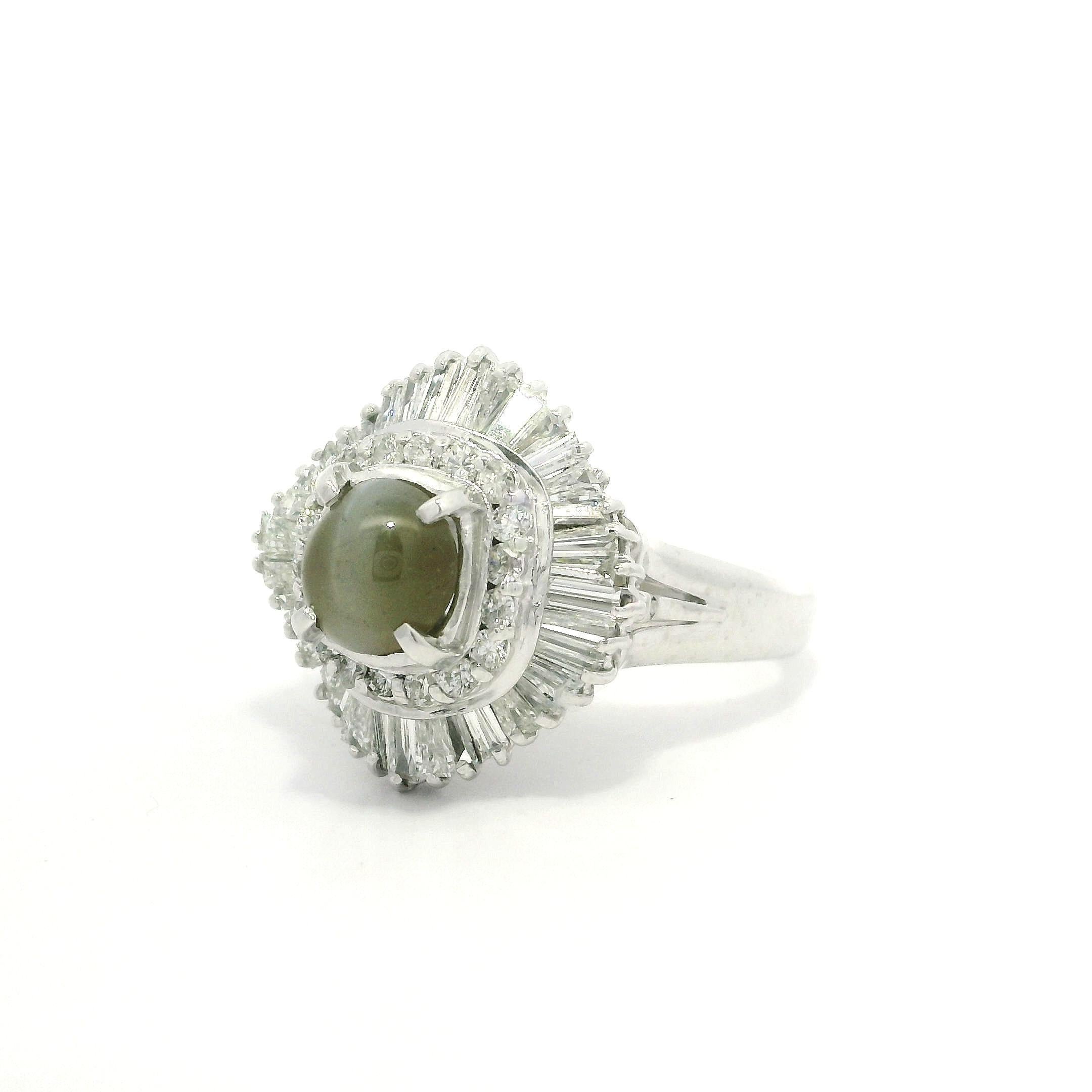 Platinum 3.13ctw Oval Cat's Eye w/ Diamond Double Halo Ballerina Cocktail Ring For Sale 8