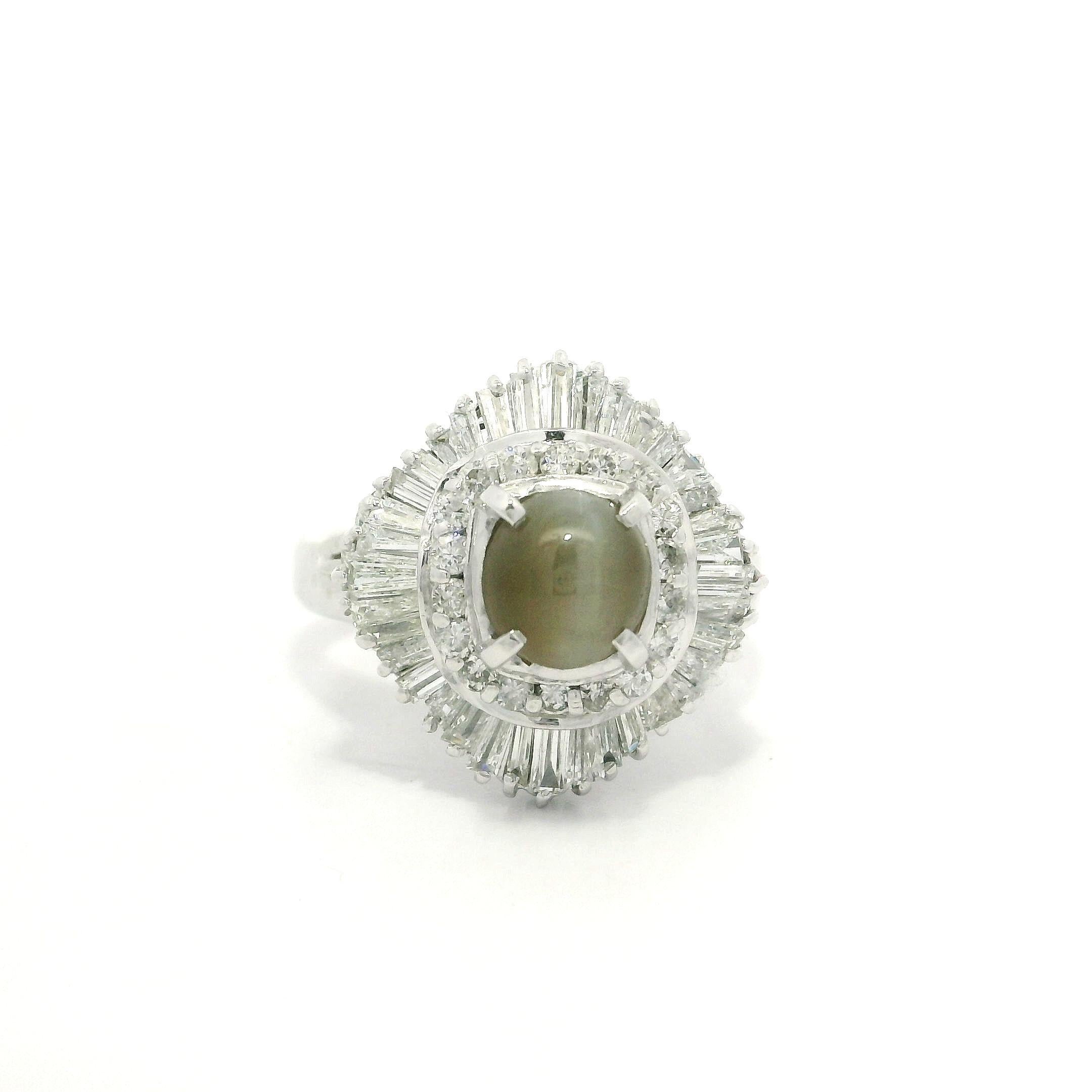Platinum 3.13ctw Oval Cat's Eye w/ Diamond Double Halo Ballerina Cocktail Ring For Sale 9
