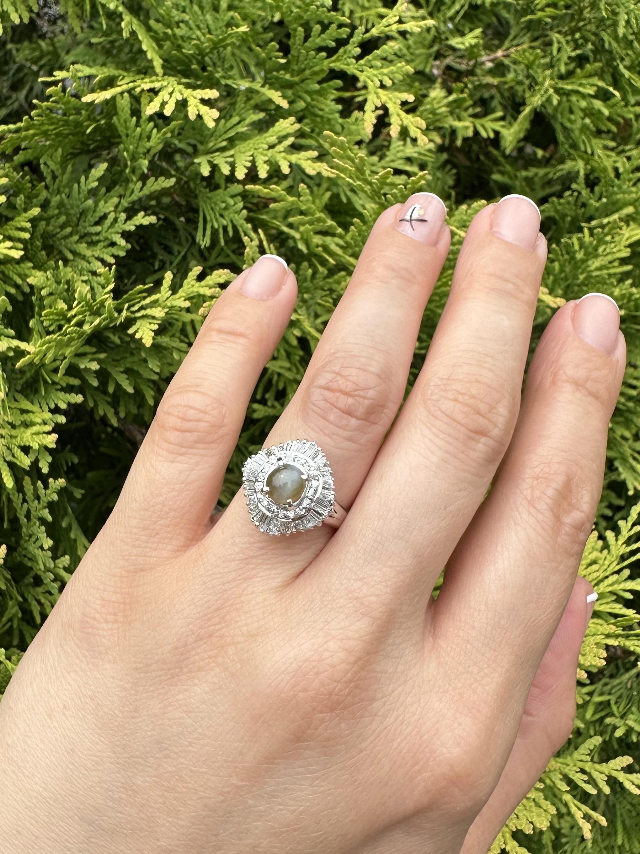 Platinum 3.13ctw Oval Cat's Eye w/ Diamond Double Halo Ballerina Cocktail Ring For Sale 10