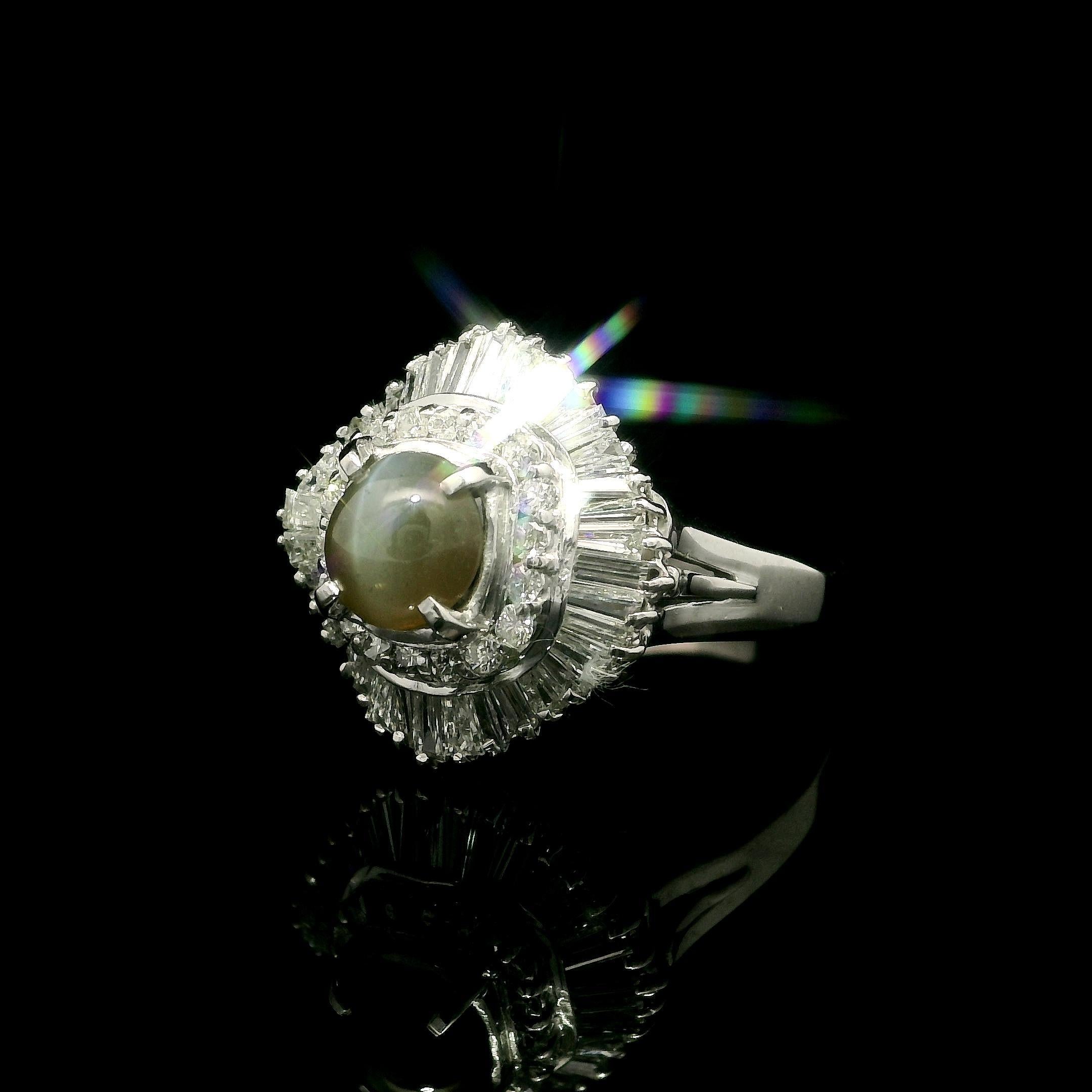 Platinum 3.13ctw Oval Cat's Eye w/ Diamond Double Halo Ballerina Cocktail Ring In Excellent Condition For Sale In Montclair, NJ