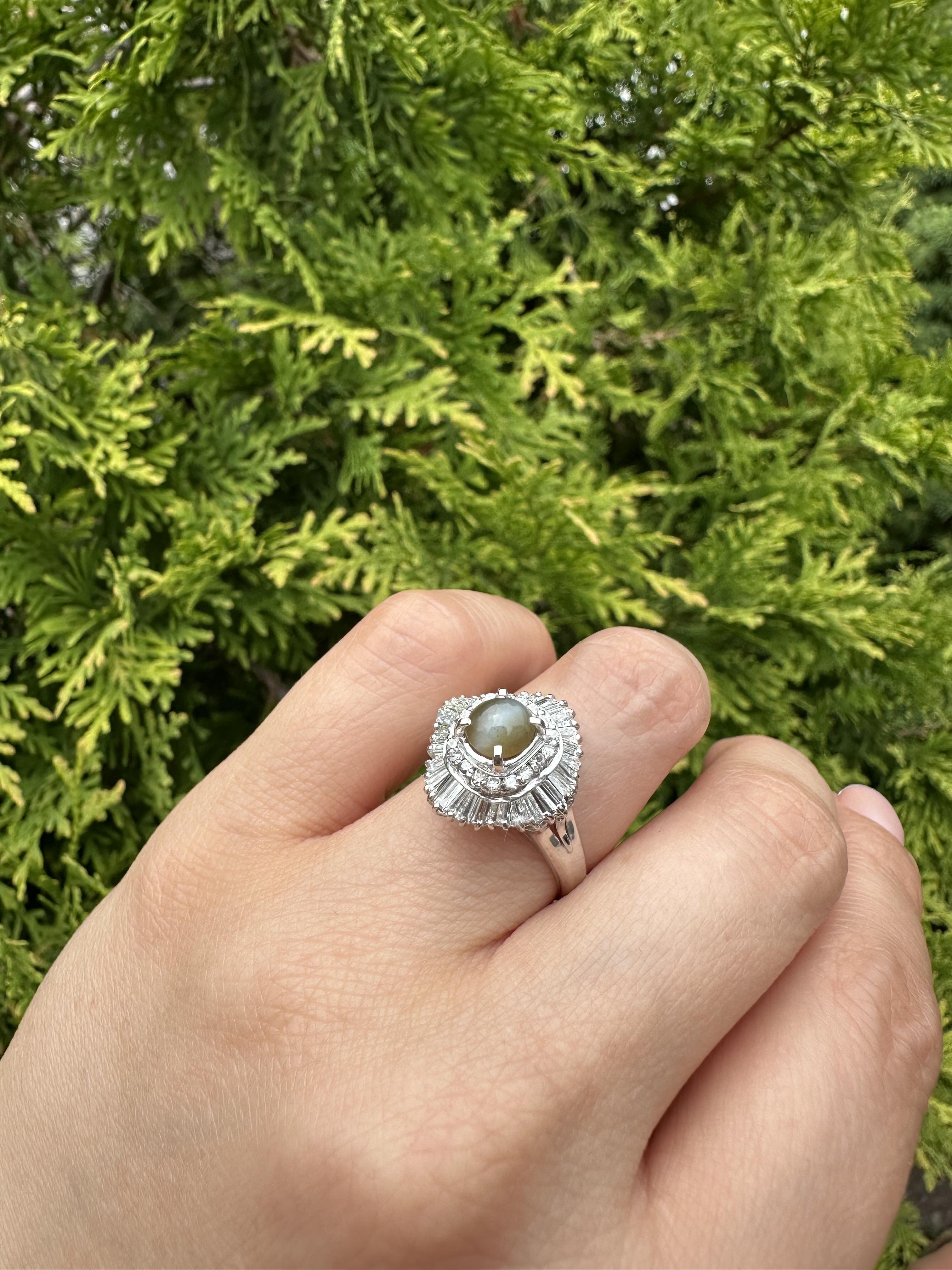 Women's Platinum 3.13ctw Oval Cat's Eye w/ Diamond Double Halo Ballerina Cocktail Ring For Sale
