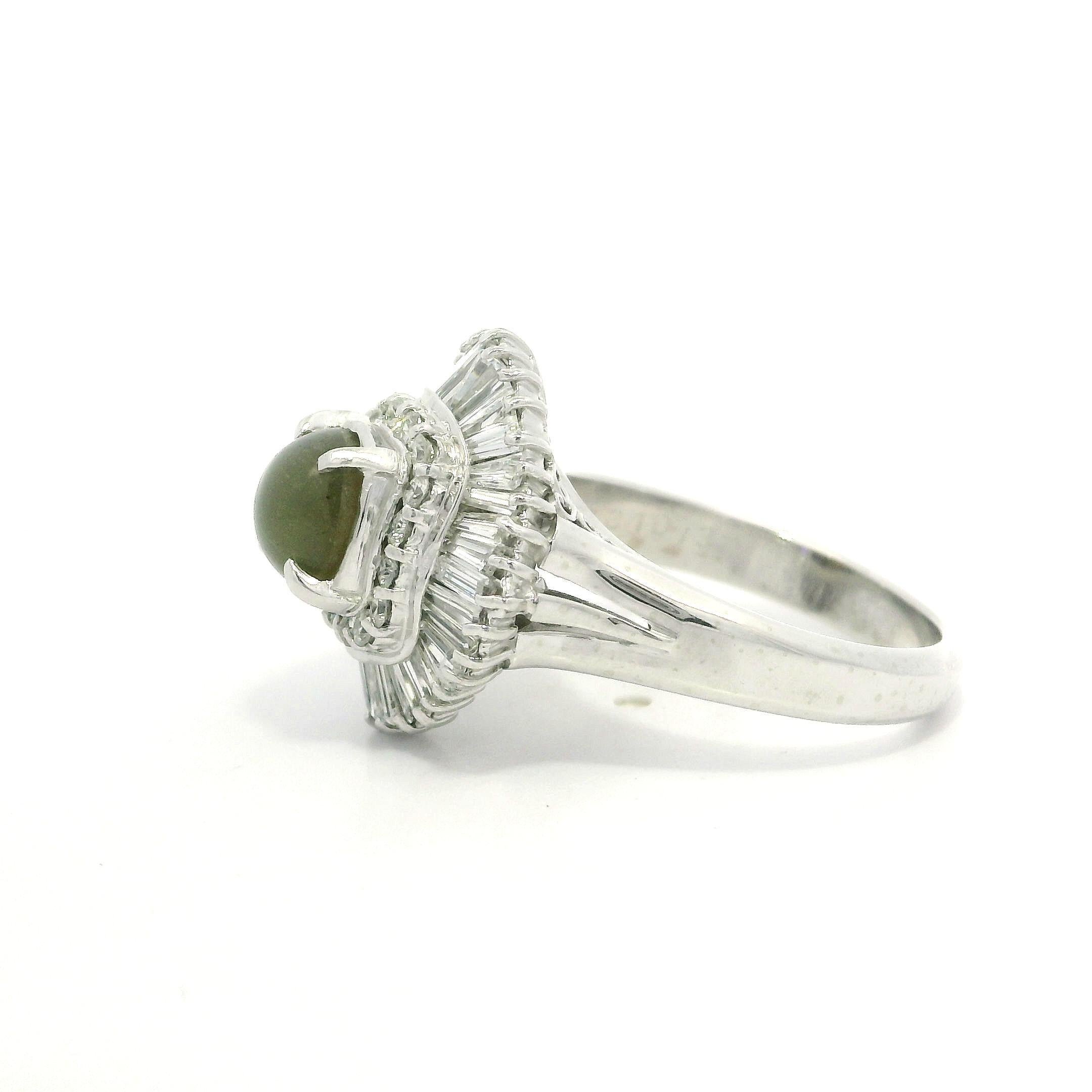 Platinum 3.13ctw Oval Cat's Eye w/ Diamond Double Halo Ballerina Cocktail Ring For Sale 3