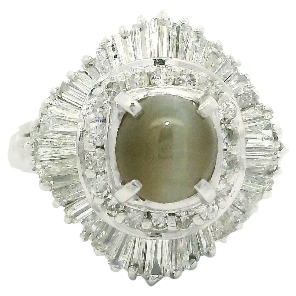 Platinum 3.13ctw Oval Cat's Eye w/ Diamond Double Halo Ballerina Cocktail Ring For Sale