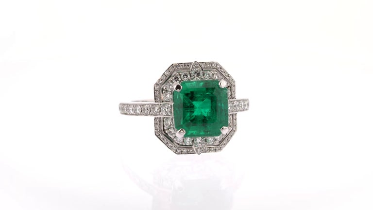 Platinum 3.16 Emerald Ring with White Diamond Halo in Art Deco Style ...