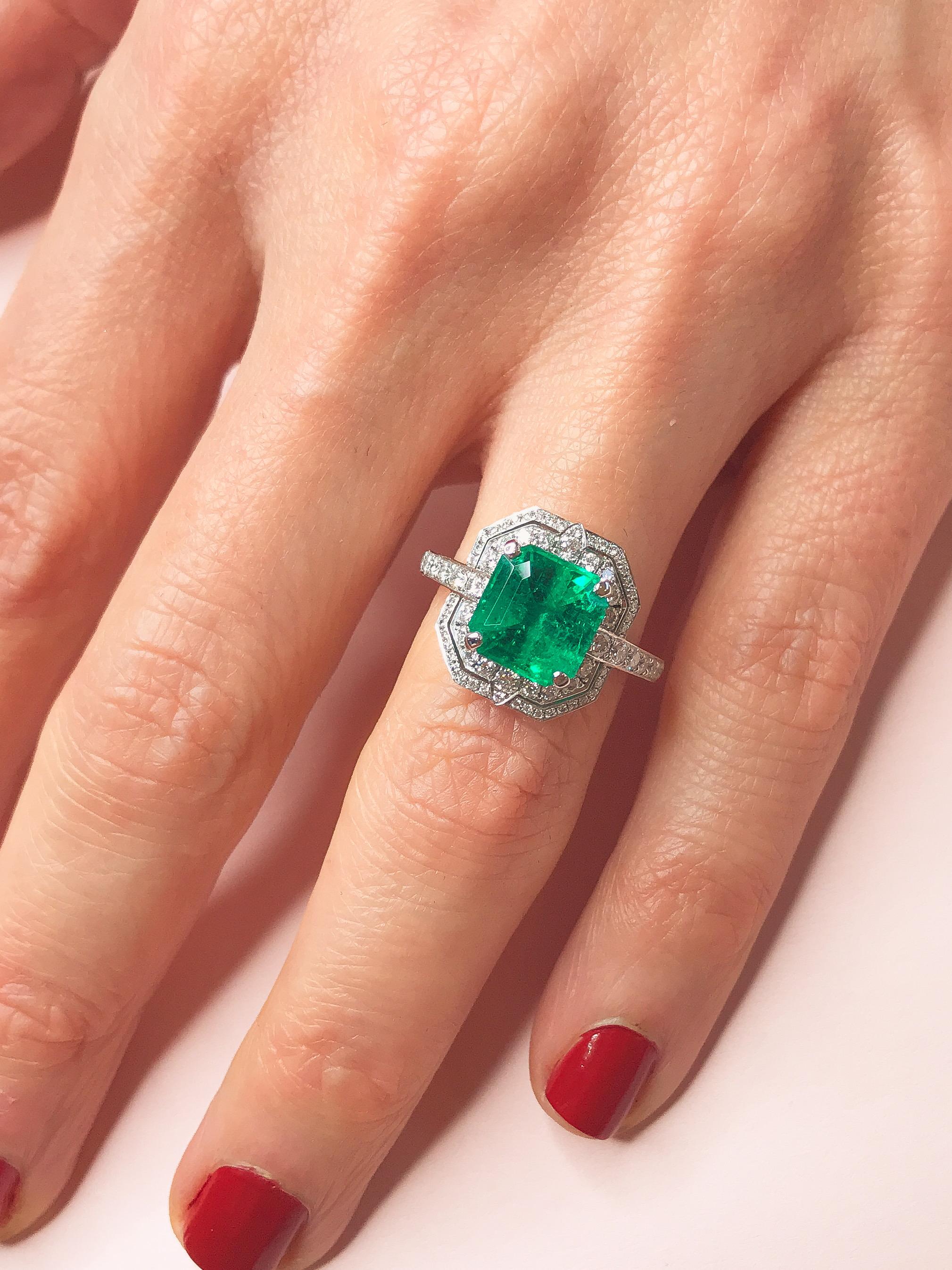 The resplendent green emerald at the heart of this Art Deco-inspired ring is an impressive stone, specially selected from the Haruni vault. Its deep, rich colour is offset by the gleaming white of the small diamonds in the ring’s double halo