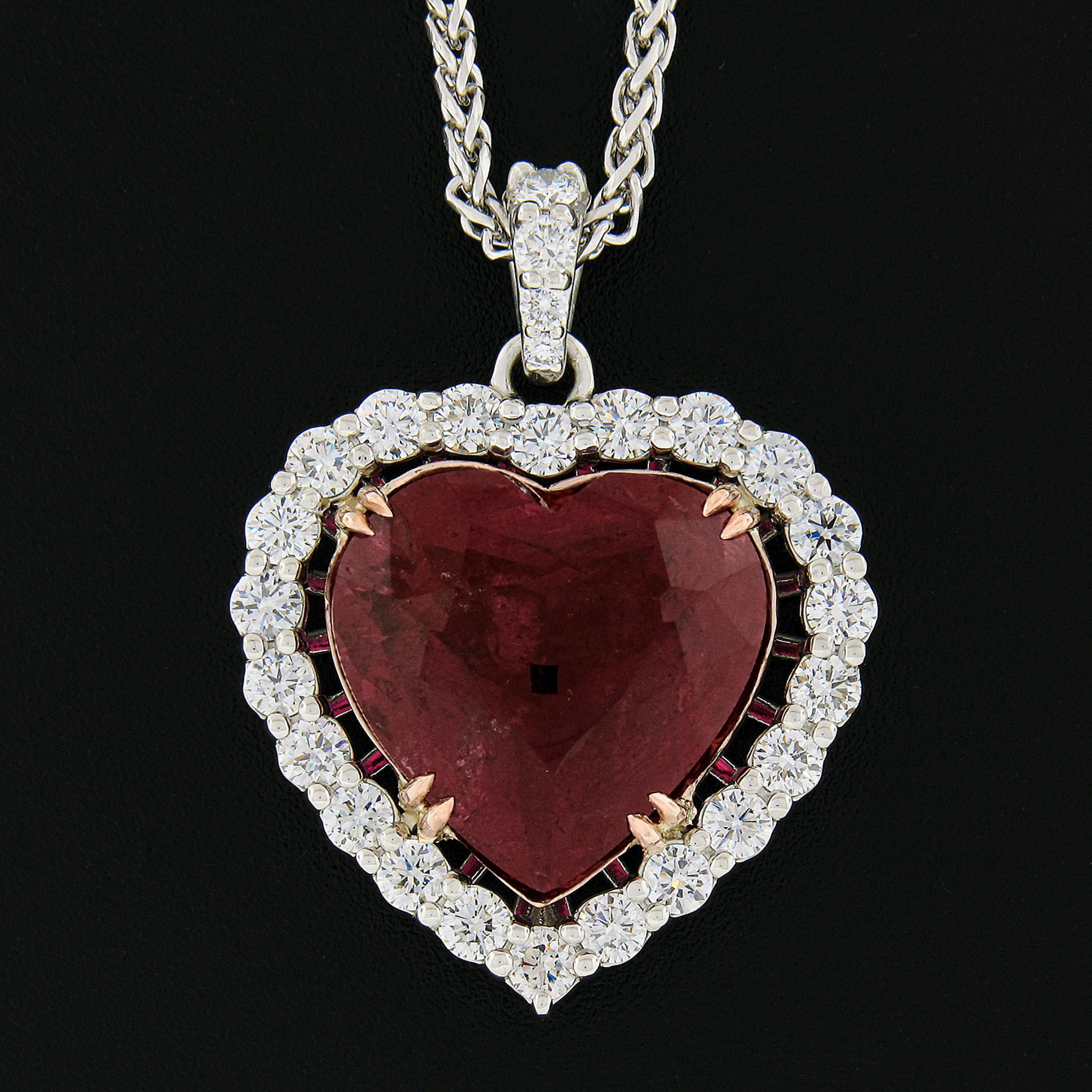 Heart Cut Platinum 31.66ctw GIA Large Heart Rubellite Tourmaline & Diamond Necklace For Sale