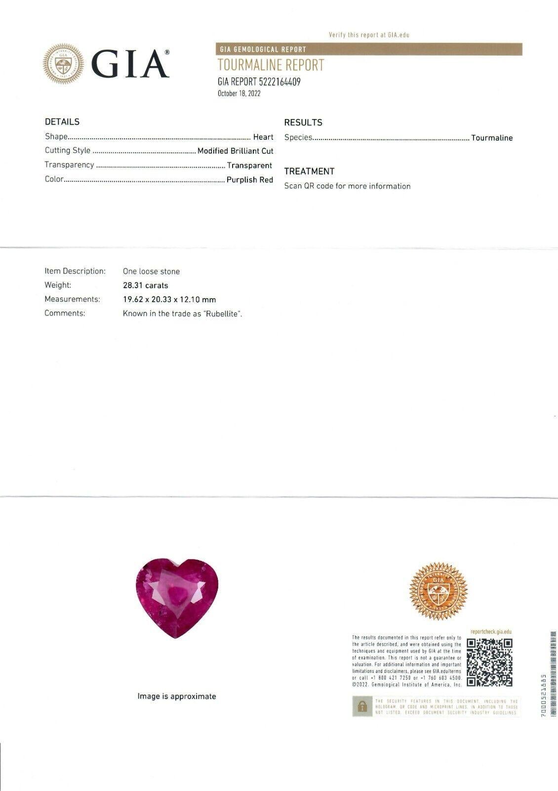 Collier grand cœur en platine avec tourmaline rubellite et diamants de 31,66 carats certifiés GIA en vente 4