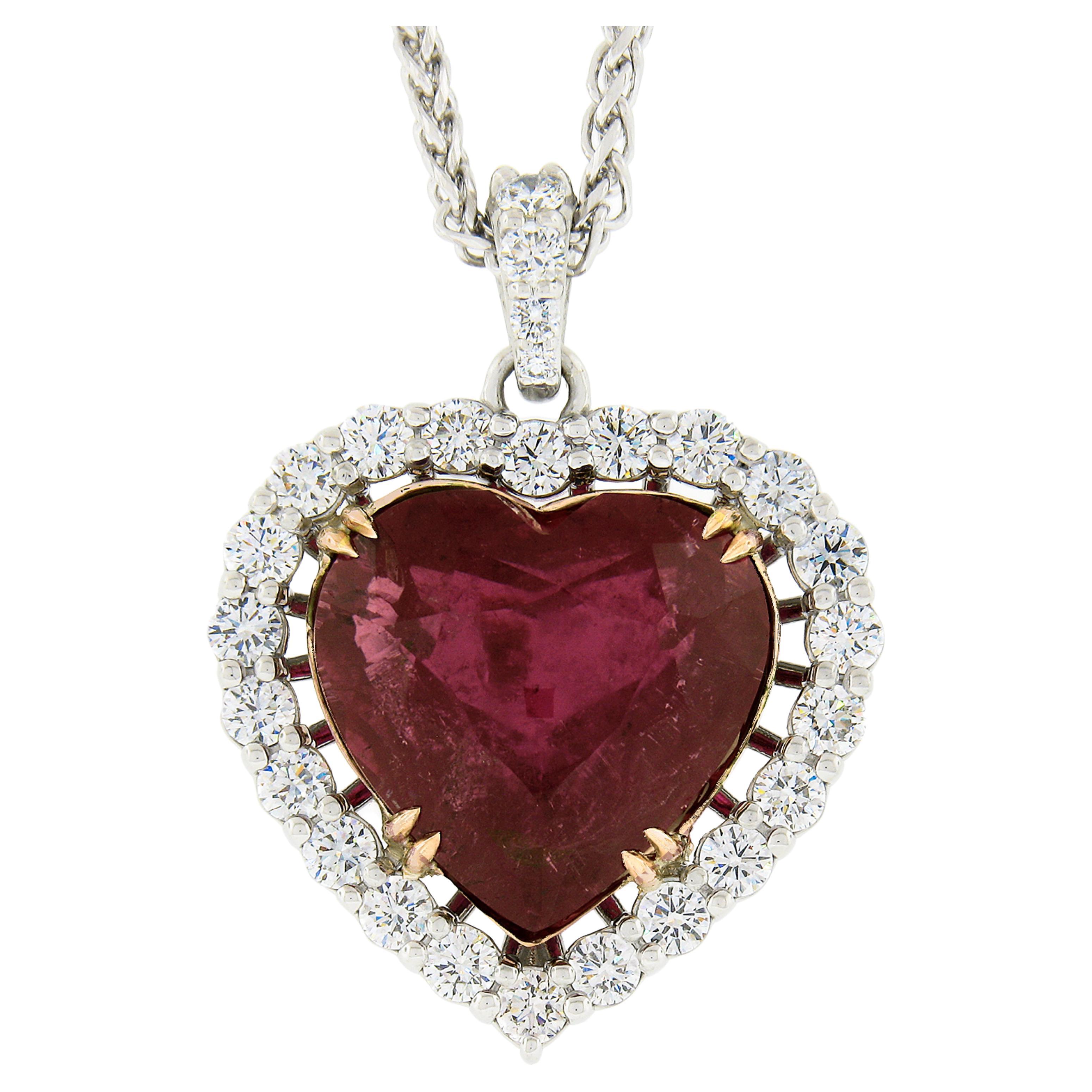 Platinum 31.66ctw GIA Large Heart Rubellite Tourmaline & Diamond Necklace