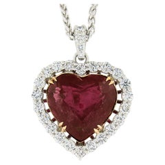 Platinum 31.66ctw GIA Large Heart Rubellite Tourmaline & Diamond Necklace