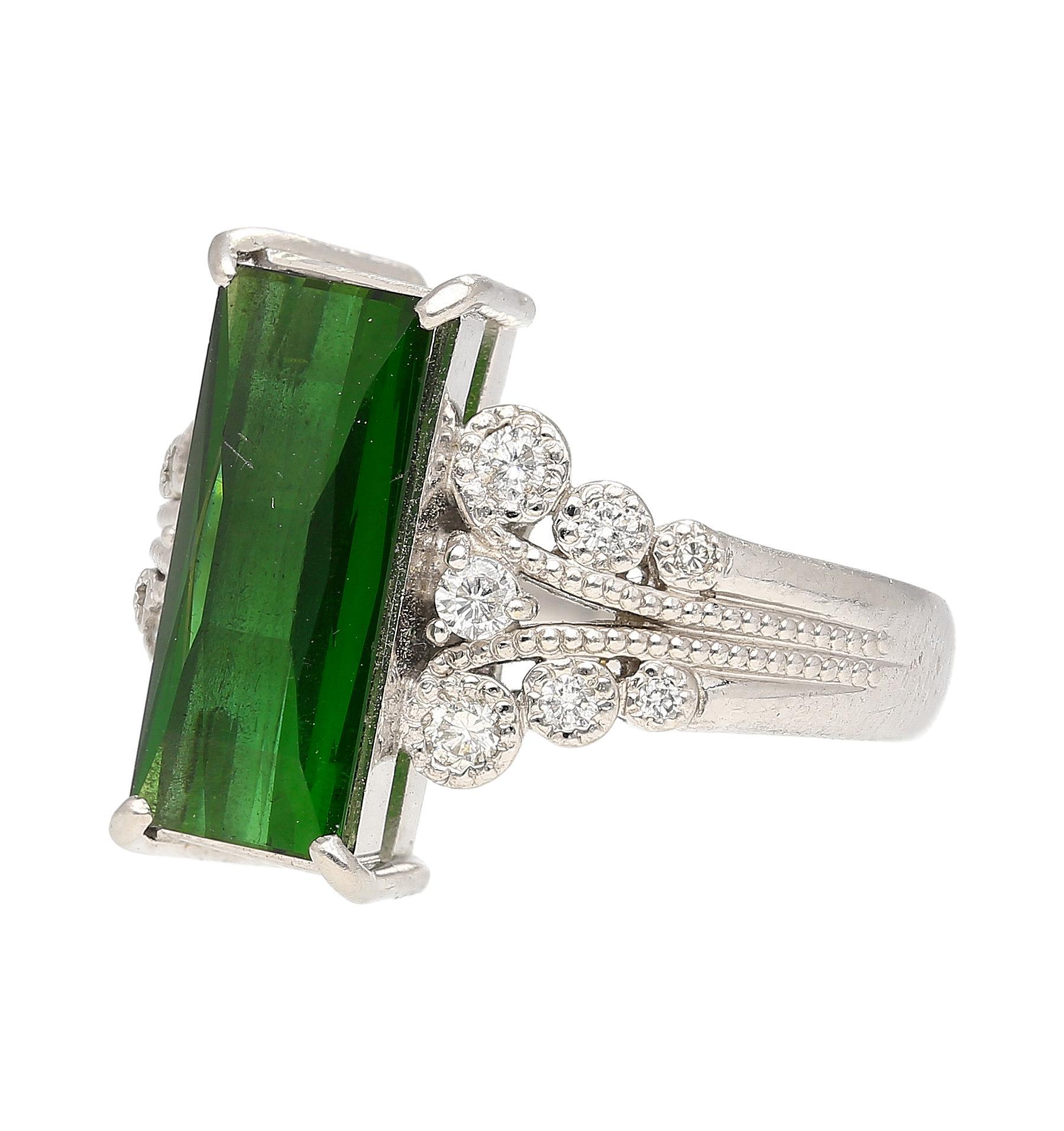 Art Deco Platinum 3.19 Carat Indicolite Tourmaline & Diamond Vintage Filigree Ring Size 6 For Sale