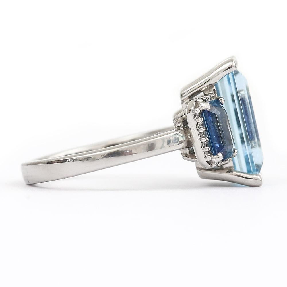 Emerald Cut 3.20 Carat Aquamarine Blue Sapphire and Diamond Platinum Trilogy Engagement Ring