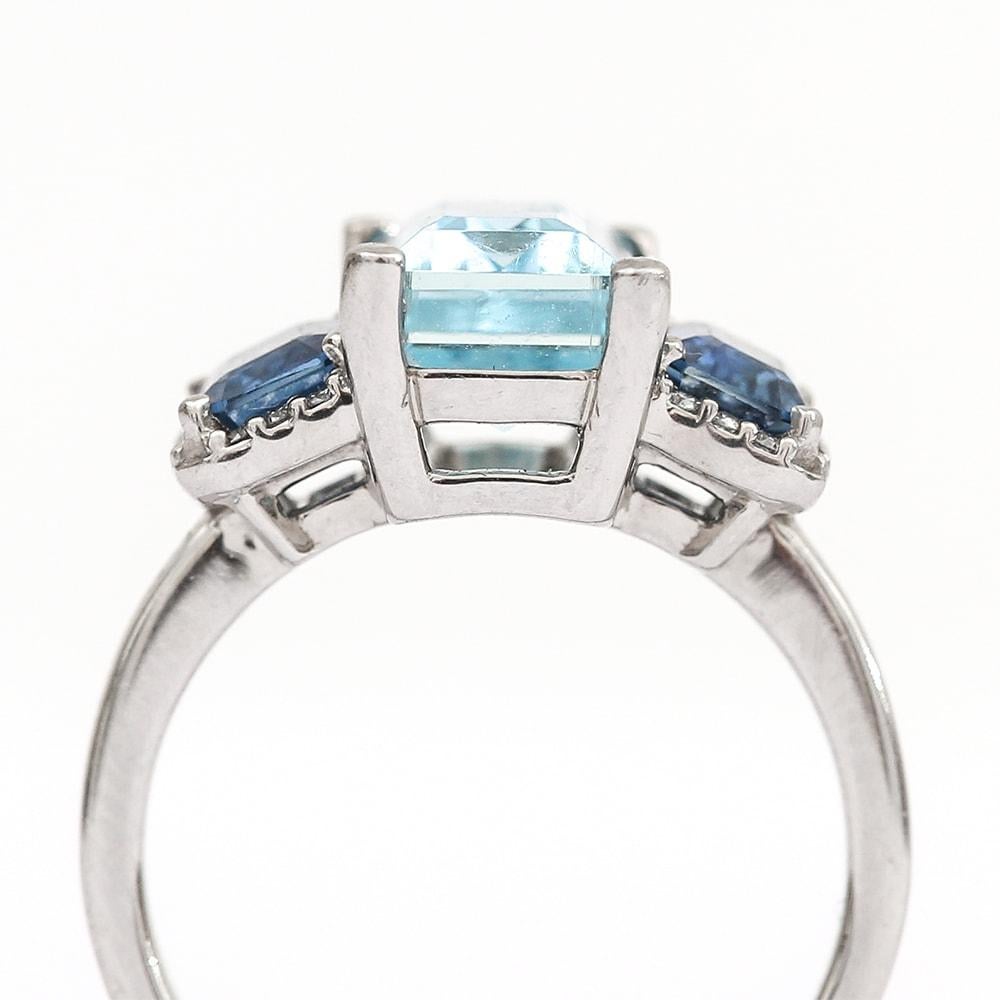 Women's 3.20 Carat Aquamarine Blue Sapphire and Diamond Platinum Trilogy Engagement Ring