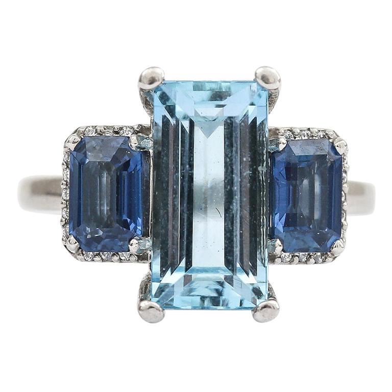 3.20 Carat Aquamarine Blue Sapphire and Diamond Platinum Trilogy Engagement Ring