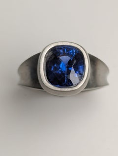 Platinum 3.21 Carat  Cushion Cut Blue Sapphire Sculpture Ring