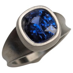 Platinum 3.21 Carat  Cushion Cut Blue Sapphire Sculpture Ring
