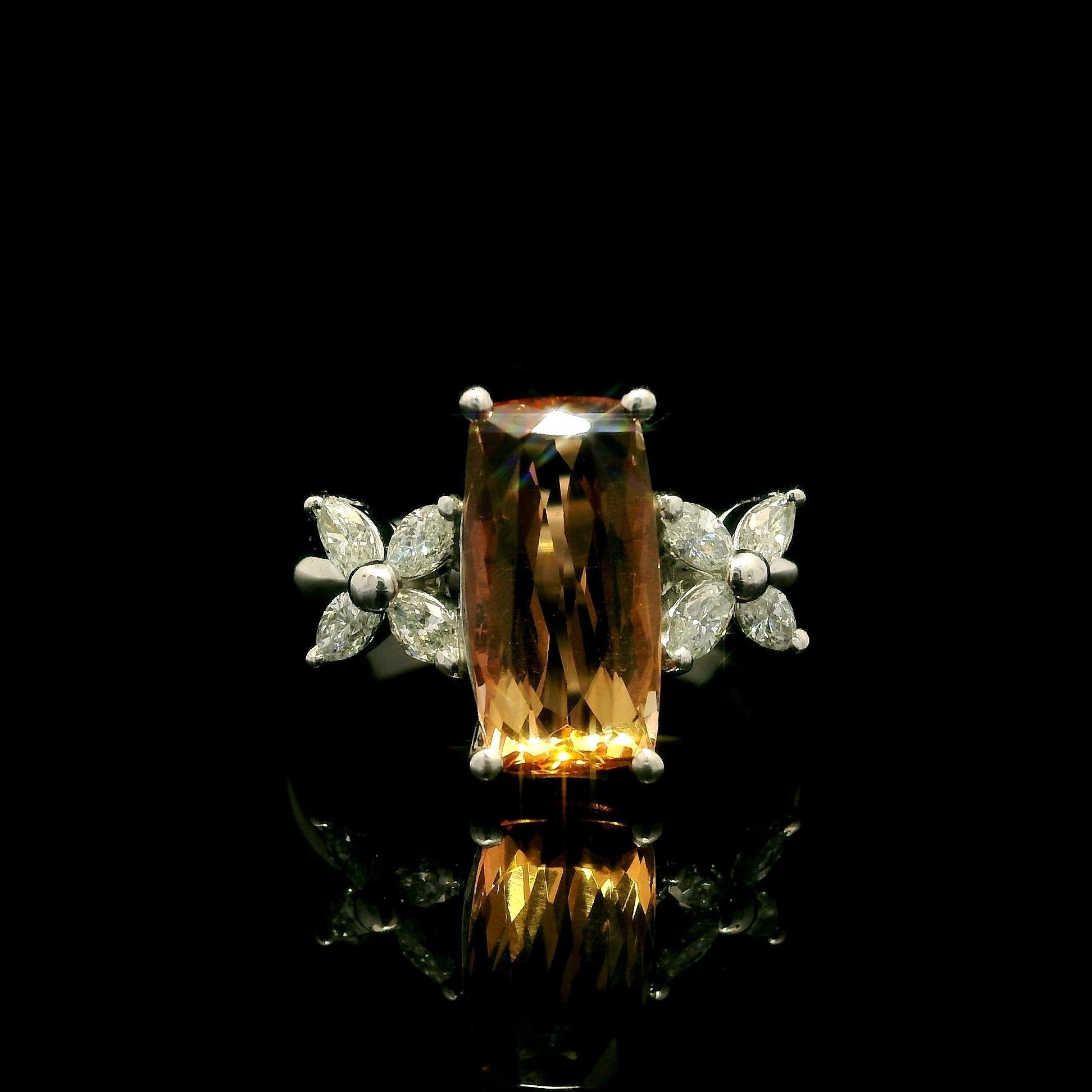 Platinum 3.26ctw Long Cushion Precious Orange Topaz Marquise Sides Diamond Ring For Sale 6