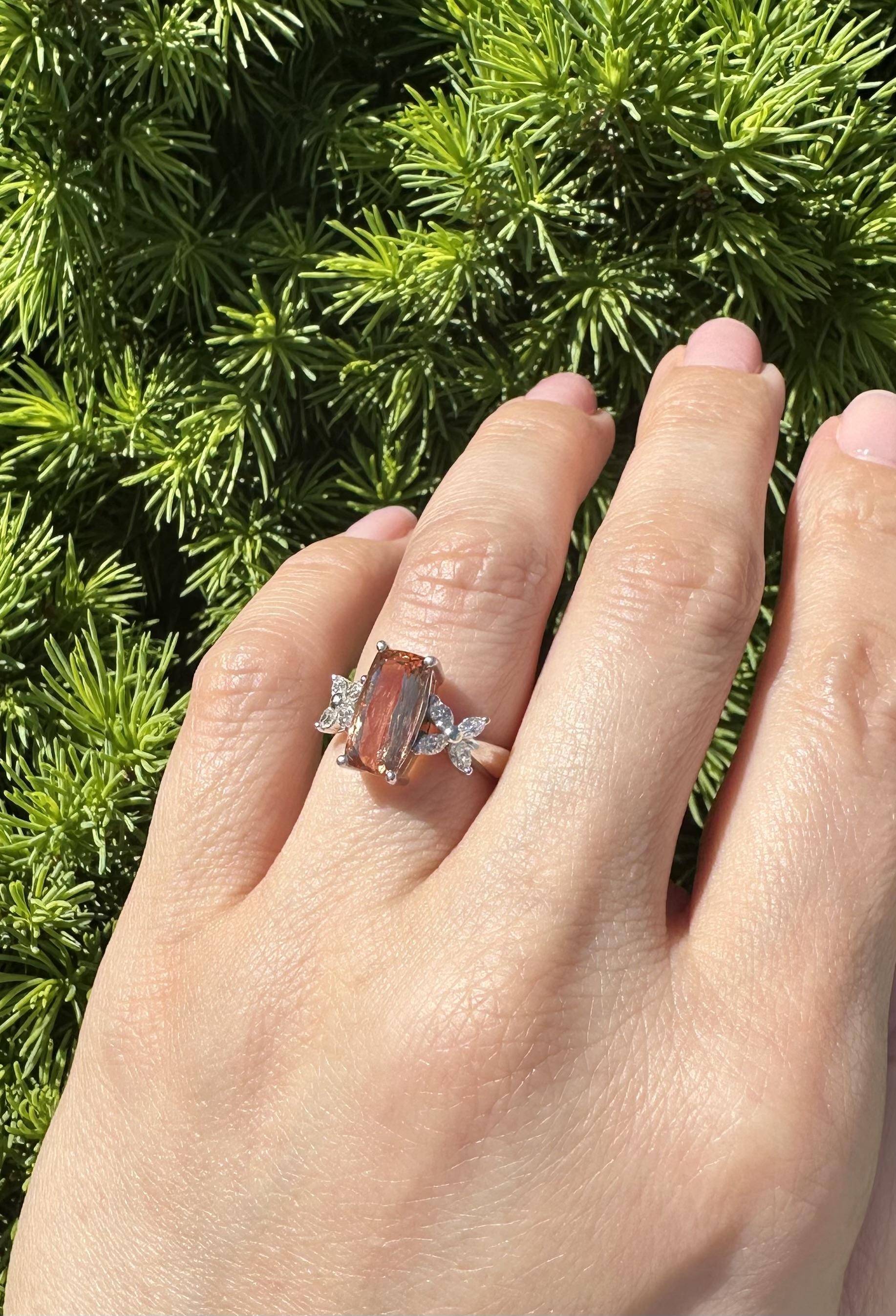 Platinum 3.26ctw Long Cushion Precious Orange Topaz Marquise Sides Diamond Ring For Sale 7