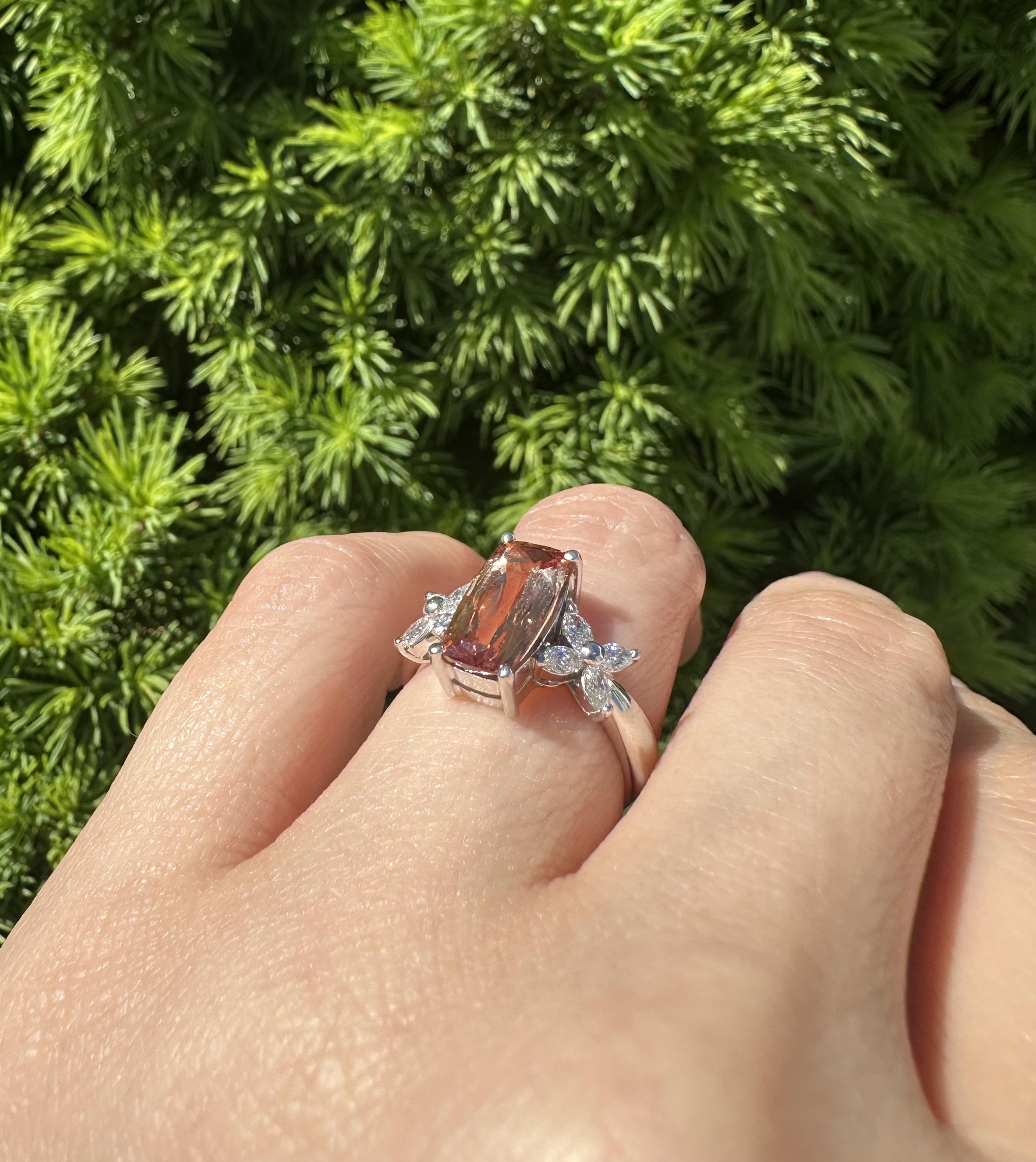 Platinum 3.26ctw Long Cushion Precious Orange Topaz Marquise Sides Diamond Ring For Sale 8