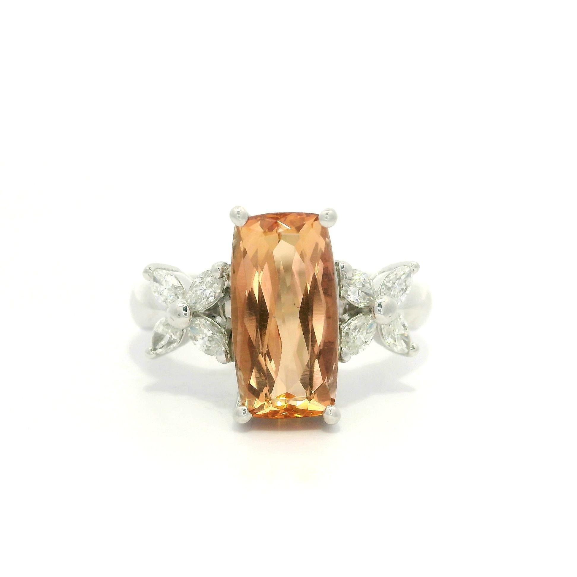 –Stone(s)–
(1) Natural Genuine Precious Topaz - Long Cushion Cut - Prong Set - Great Orange Color - 11.7x6mm - 2.85ct (exact stamped)
(8) Natural Genuine Diamonds - Marquise Cut - Prong Set - Nice Brilliant White Color - 0.41ctw (exact