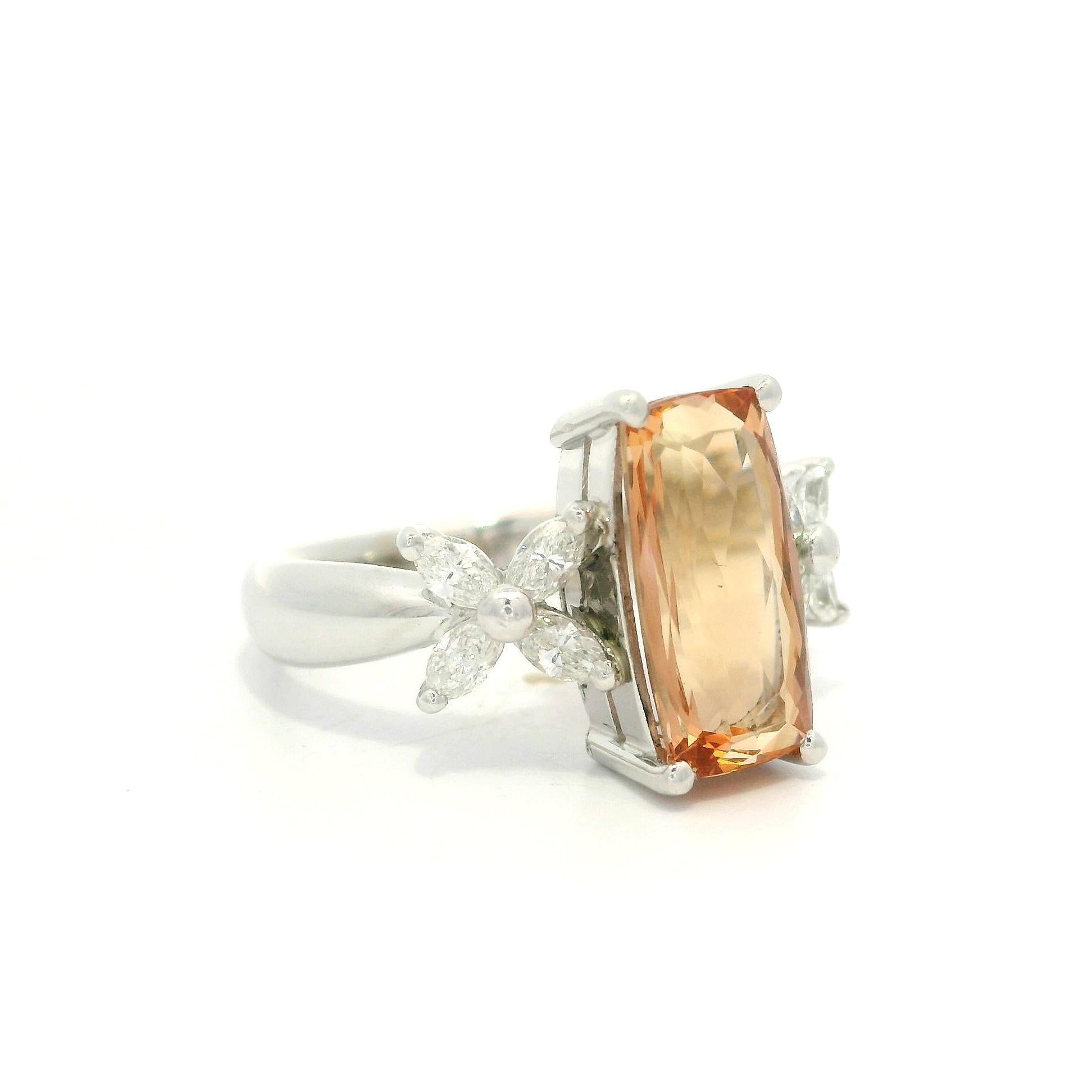 Cushion Cut Platinum 3.26ctw Long Cushion Precious Orange Topaz Marquise Sides Diamond Ring For Sale