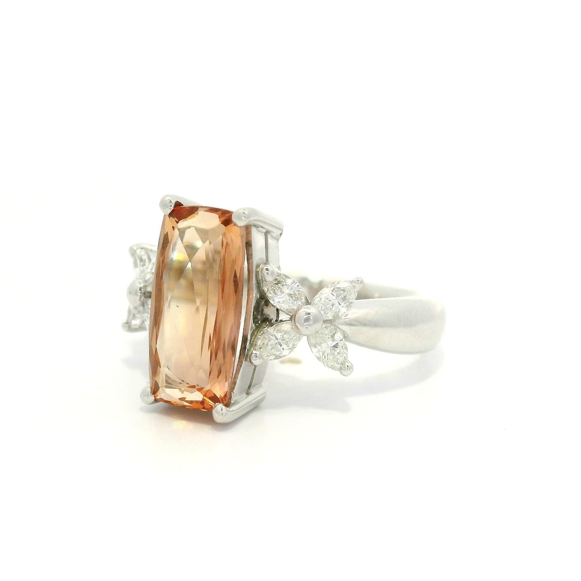 Platinum 3.26ctw Long Cushion Precious Orange Topaz Marquise Sides Diamond Ring In Excellent Condition For Sale In Montclair, NJ