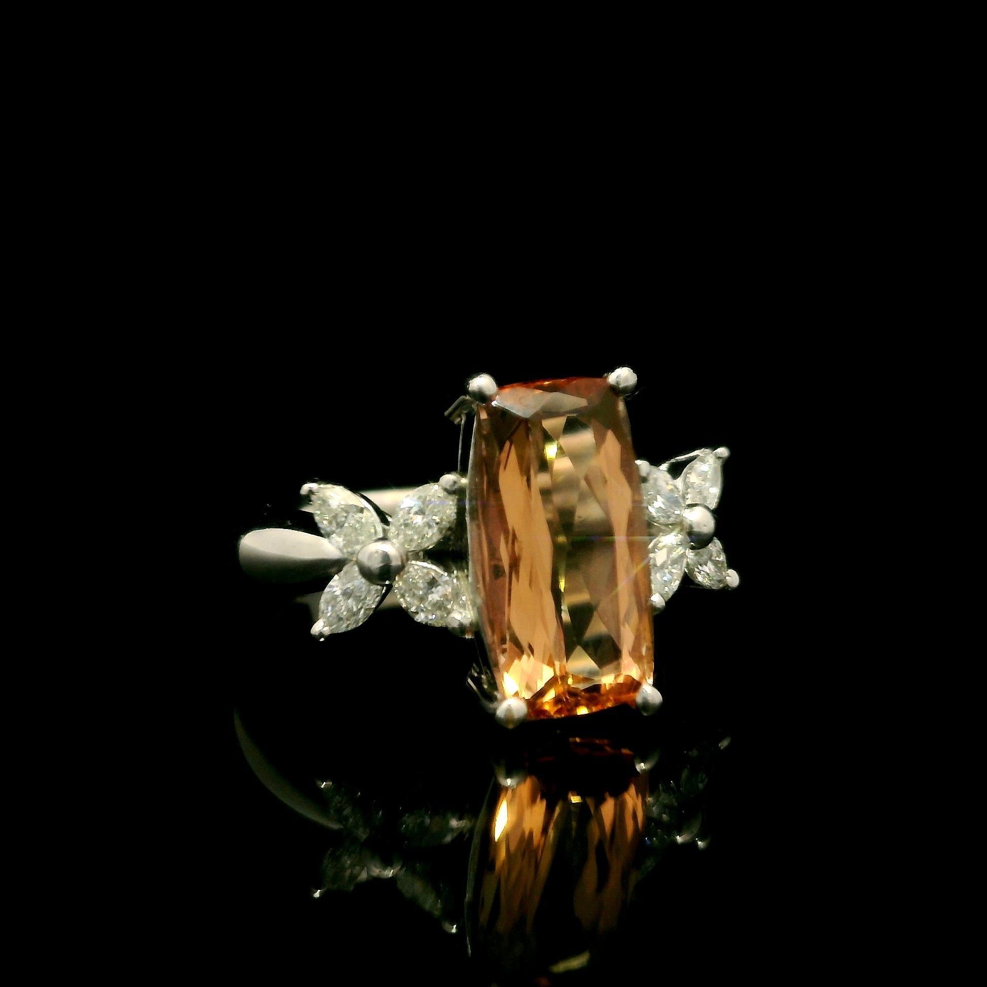Platinum 3.26ctw Long Cushion Precious Orange Topaz Marquise Sides Diamond Ring For Sale 2