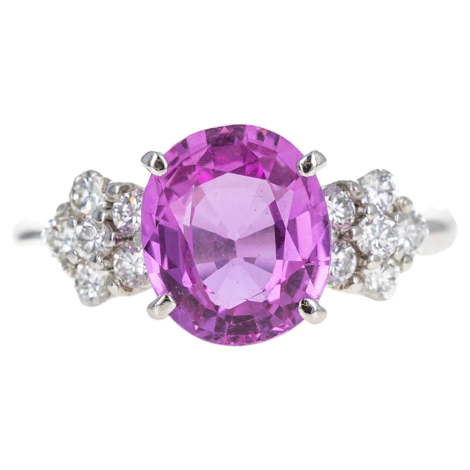 Platinum 3.34 Oval Pink Sapphire Diamond Floral Ring