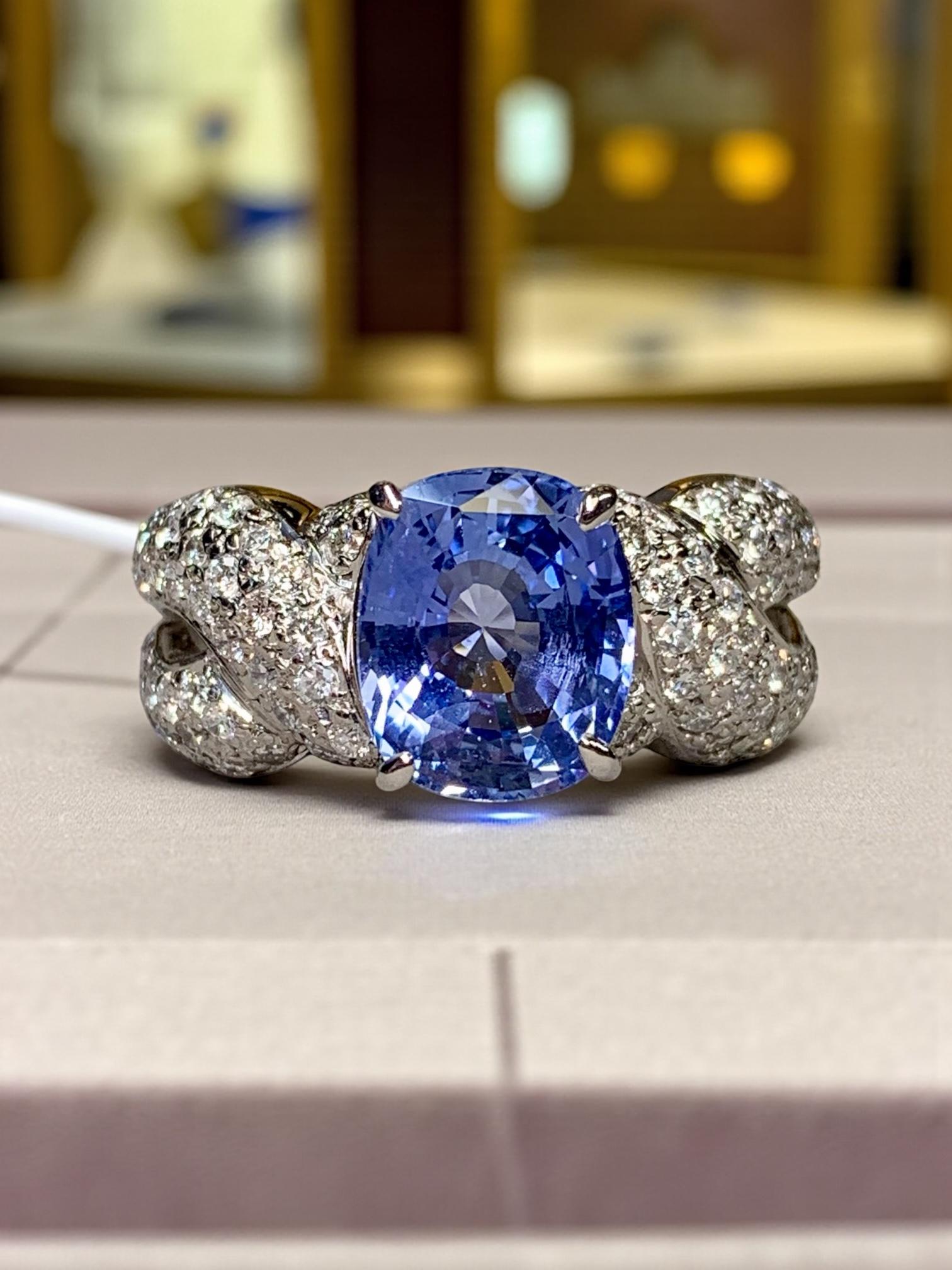 Anello in platino con zaffiro di Ceylon non riscaldato e diamante da 3,35 carati con rapporto GIA in vendita 5