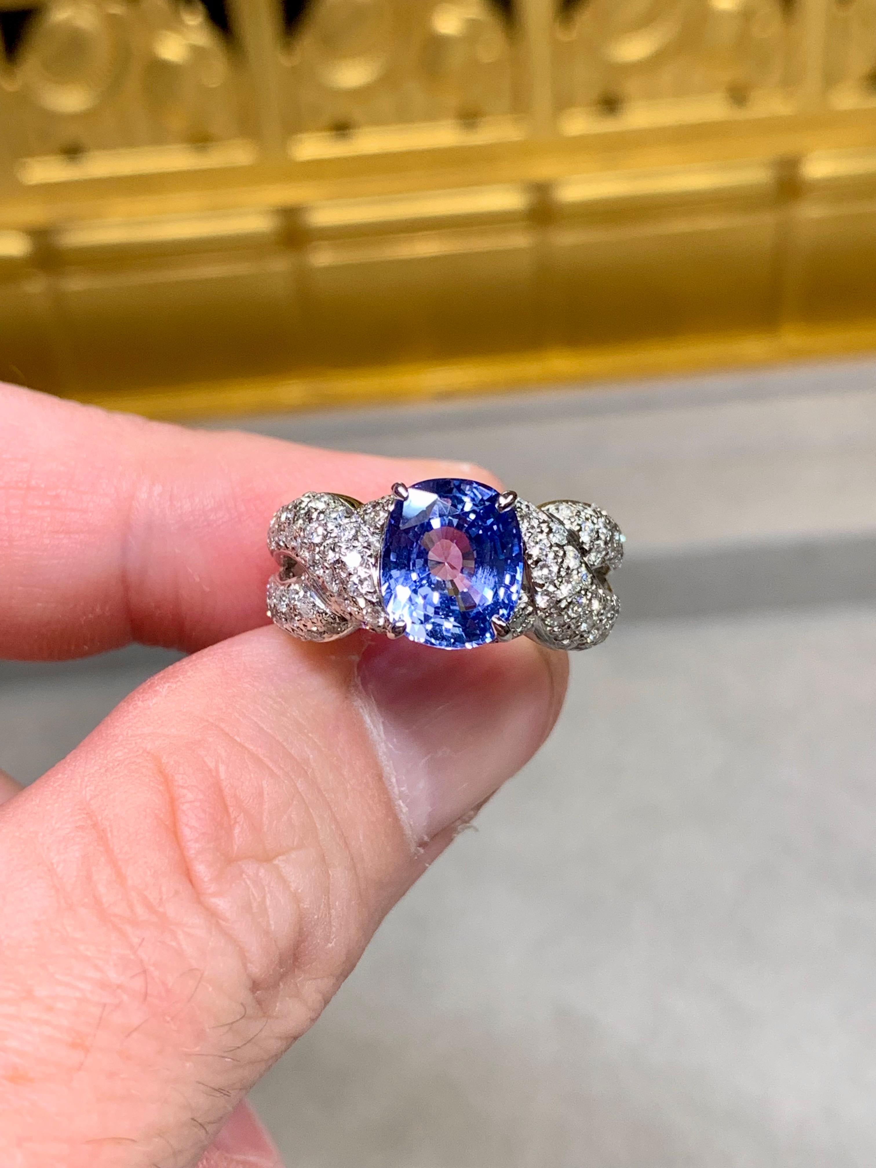 da uomo o donna Anello in platino con zaffiro di Ceylon non riscaldato e diamante da 3,35 carati con rapporto GIA in vendita