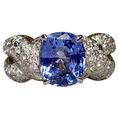 Platinum Cushion Cornflower Sapphire Diamond Crossover Cocktail Ring No Heat GIA