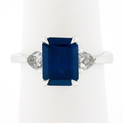 Platinum 3.42ct Gubelin NO HEAT Emerald Cut Sapphire & Trillion Diamond Ring