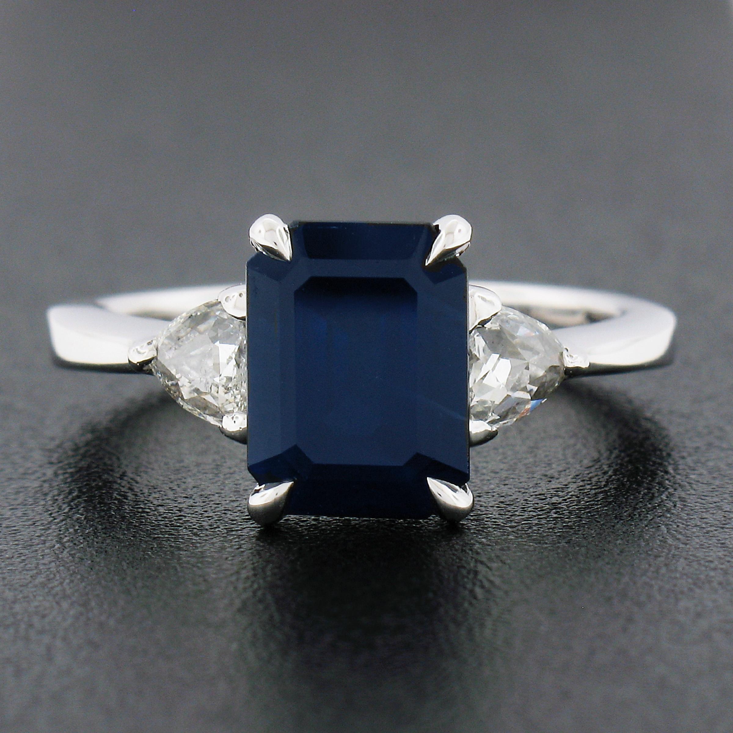Platinum 3.42ct Gubelin NO HEAT Emerald Cut Sapphire & Trillion Diamond Ring In Excellent Condition In Montclair, NJ