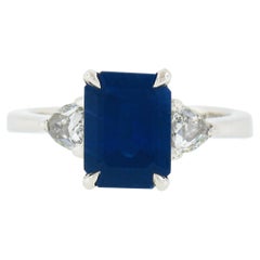 Platinum 3.42ct Gubelin NO HEAT Emerald Cut Sapphire & Trillion Diamond Ring